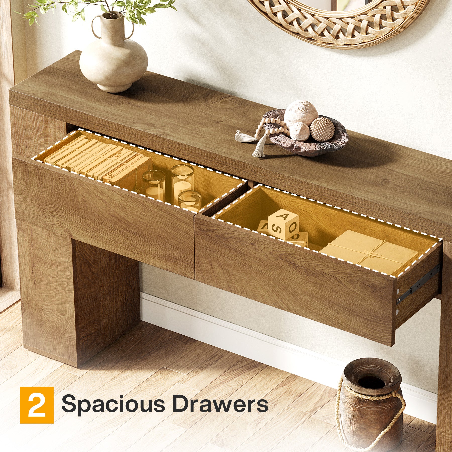 63" Console Table, Rustic Sofa Hallway Table with Drawers