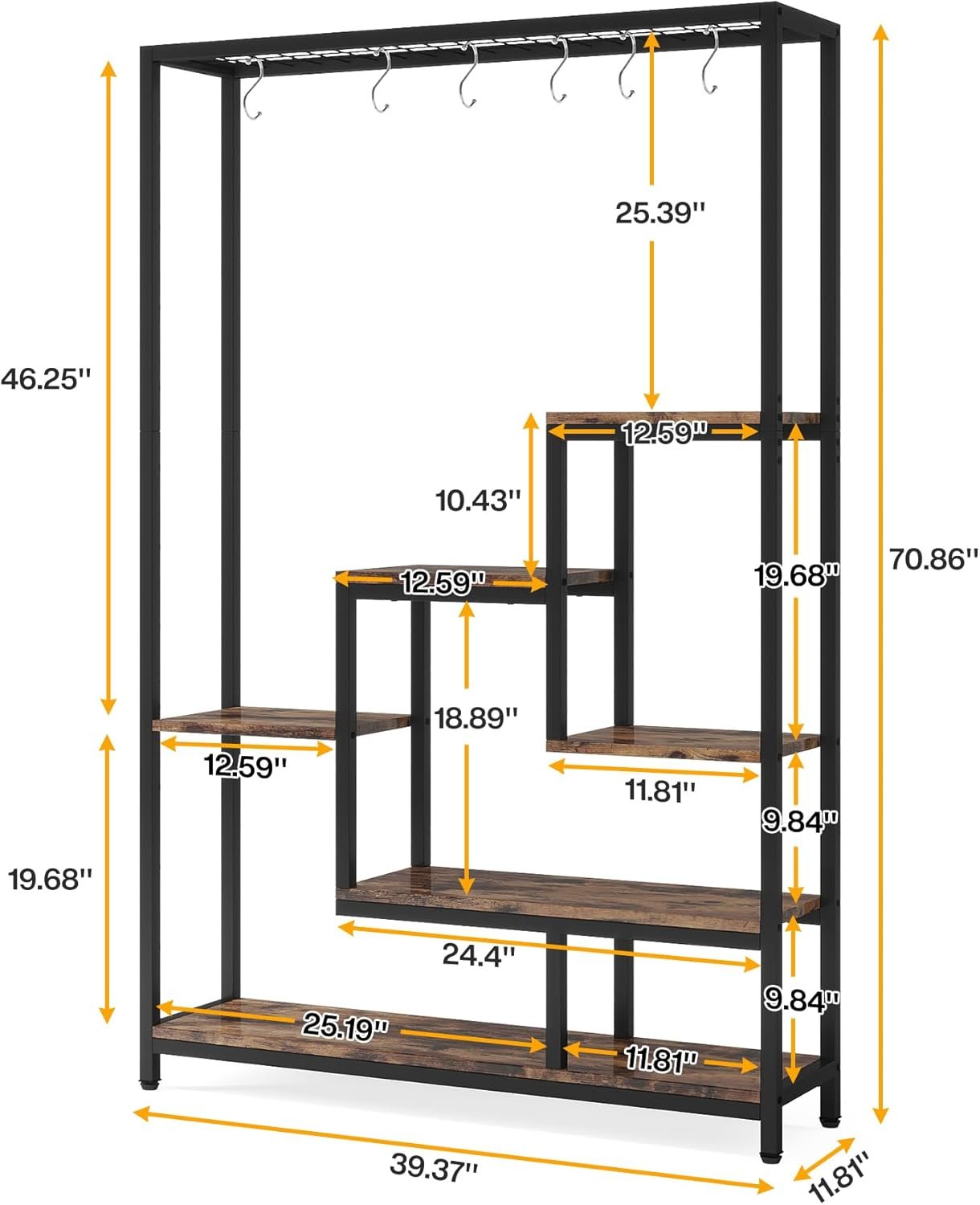 70.9" Plant Stand, Large Flower Bonsai Shelf with 6 S Hanging Hooks