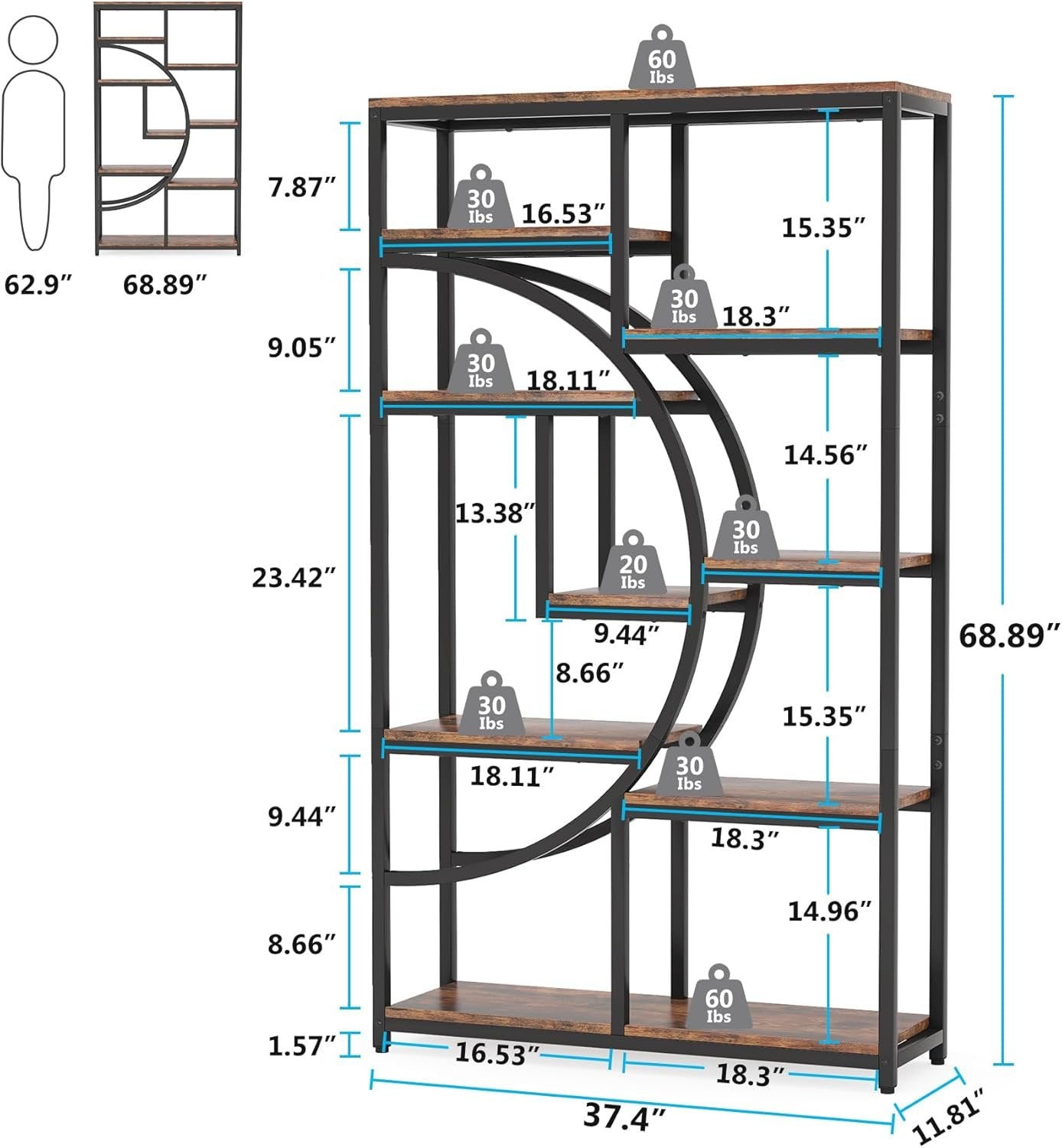 Freestanding Bookshelf, 68.9" Etagere Bookcase with 9 Open Shelves