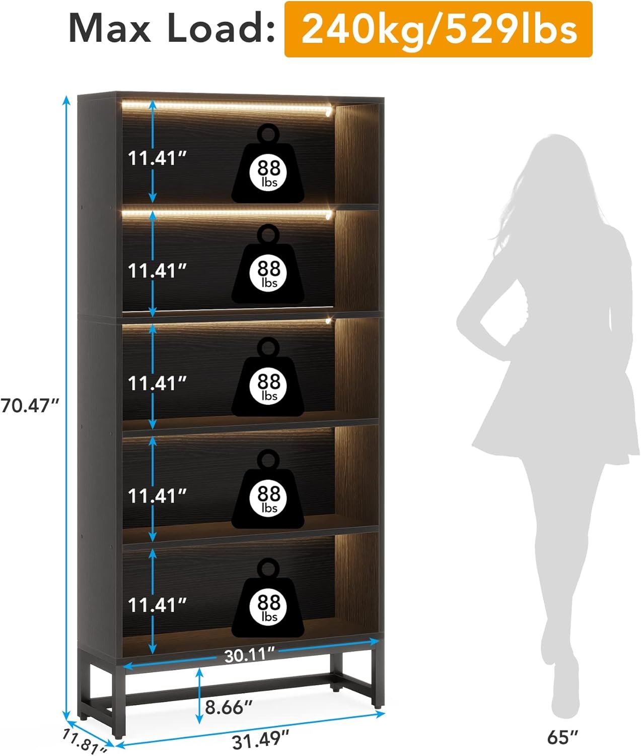 70.8" Bookcase, Large Bookshelf Organizer with 5-Tier Storage Shelves