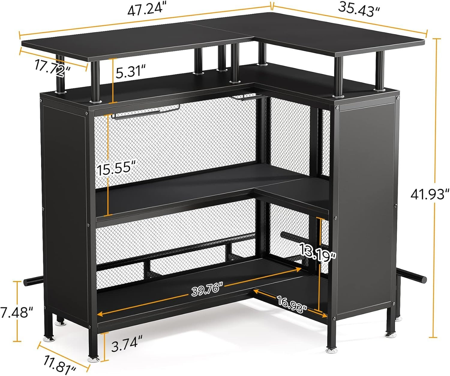 L-Shaped Home Bar Unit, Liquor Bar Table with Glasses Holders & Shelves