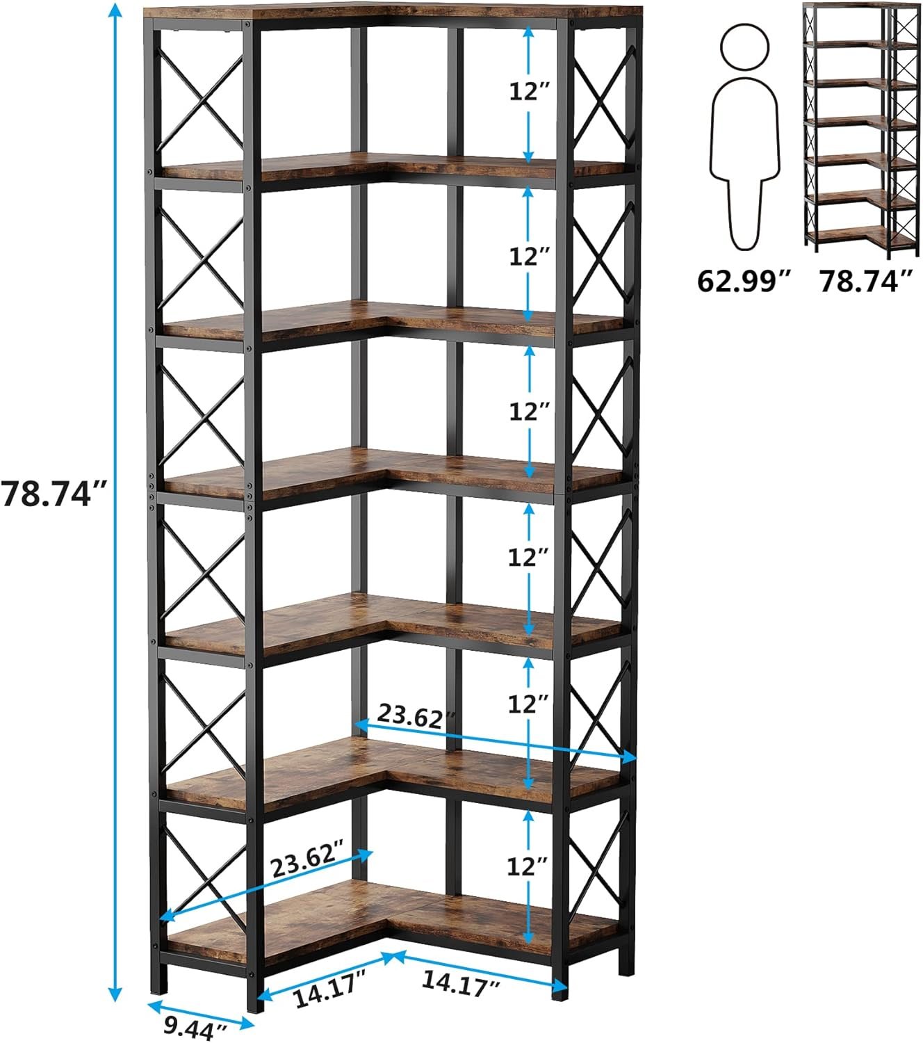 7-Tier Corner Bookshelf Corner Bookcase Storage Display Rack