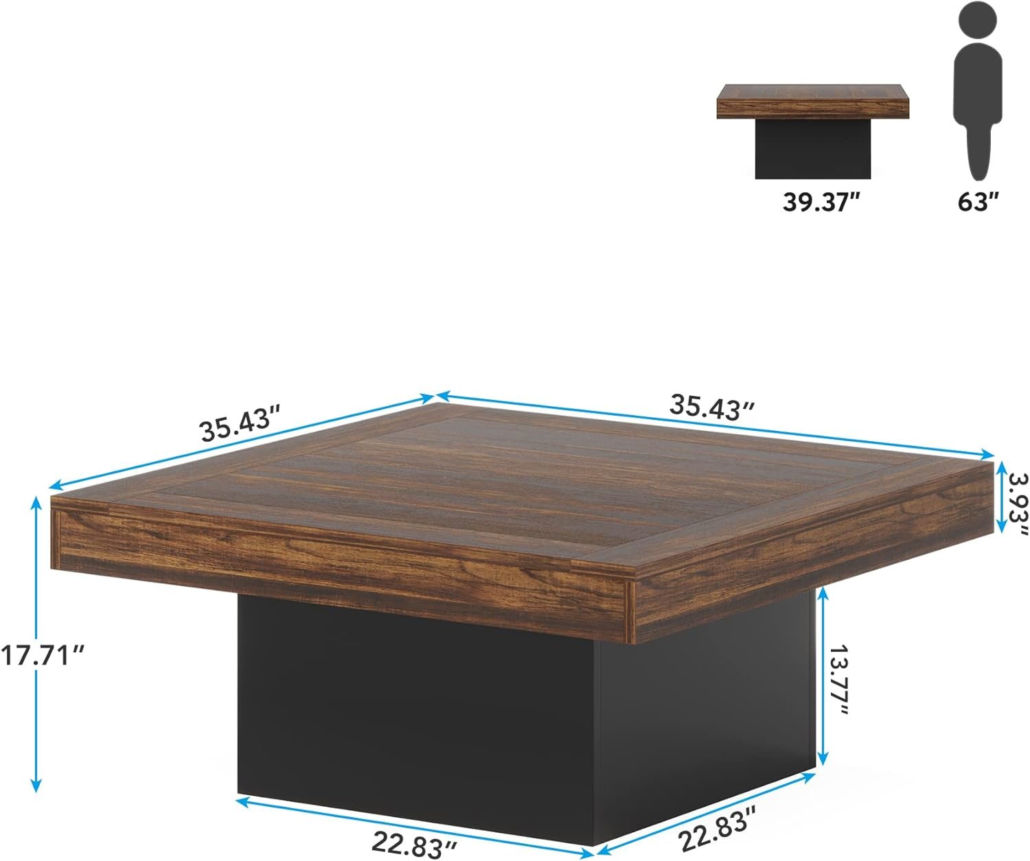 Square Coffee Table, Farmhouse Wood Cocktail Table with LED Light