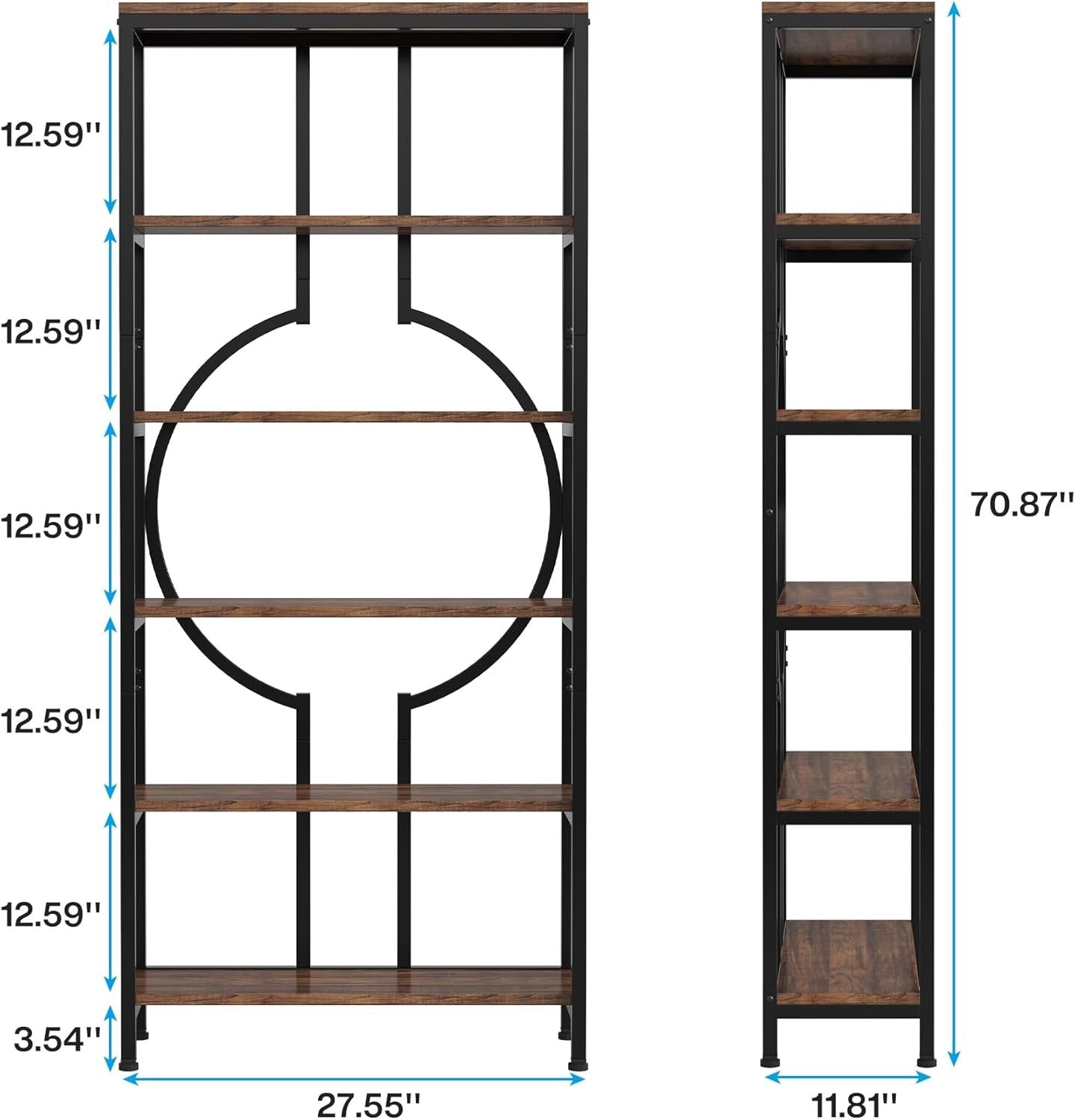 6-Tier Bookshelf, 70.9" Industrial Bookcase Display Shelf