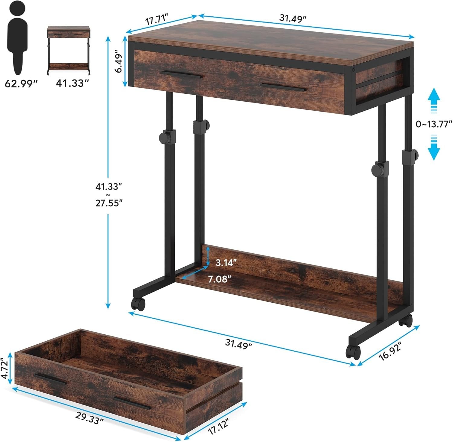 Height Adjustable Desk, Mobile Side Table Portable Desk with Drawers