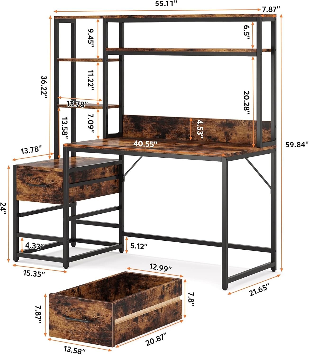 60" Tall Computer Desk Writing Table with 2 Drawers and Storage Shelves