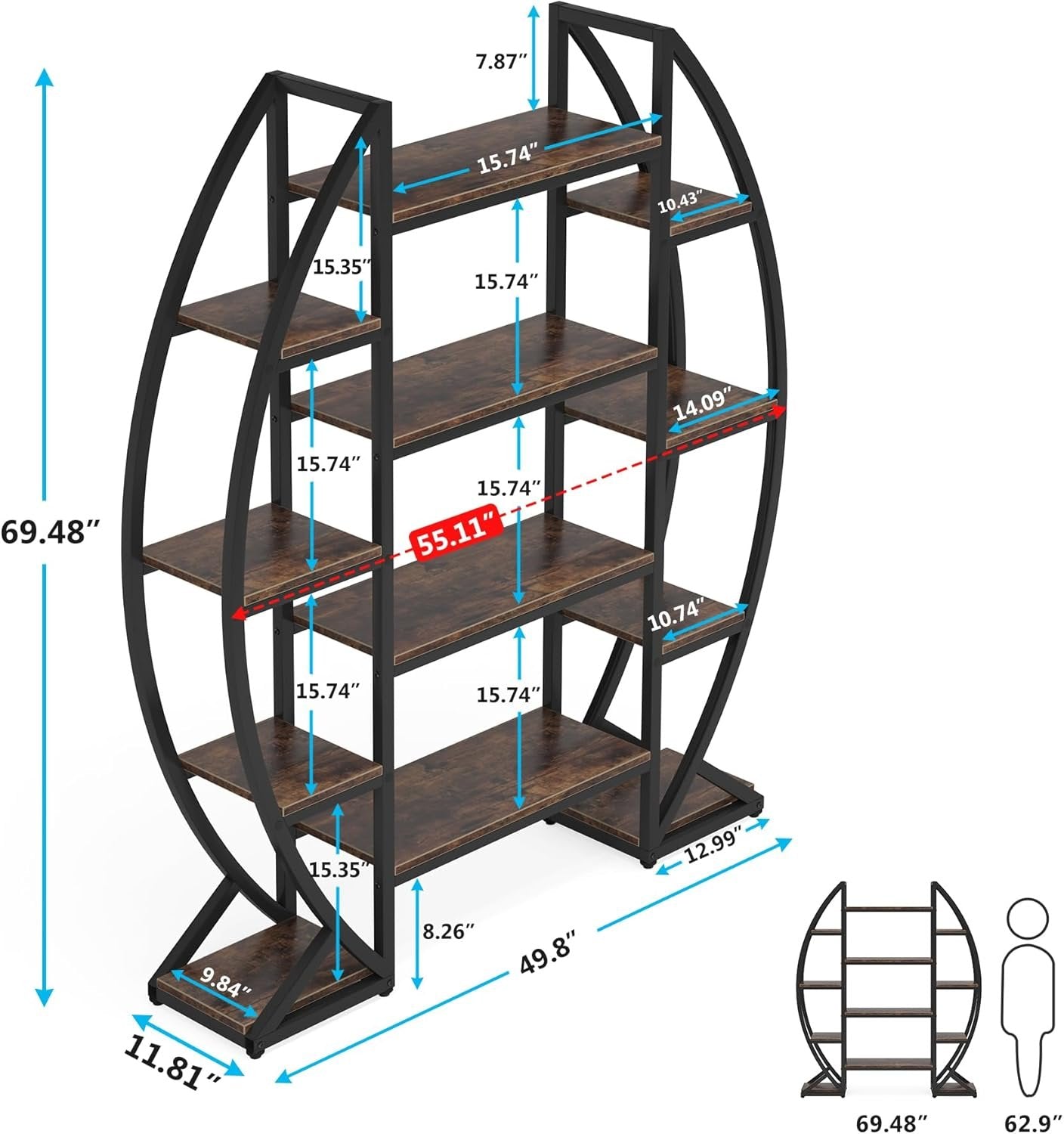 Industrial Bookshelf, Oval Triple Wide Etagere Bookcases Display Shelves