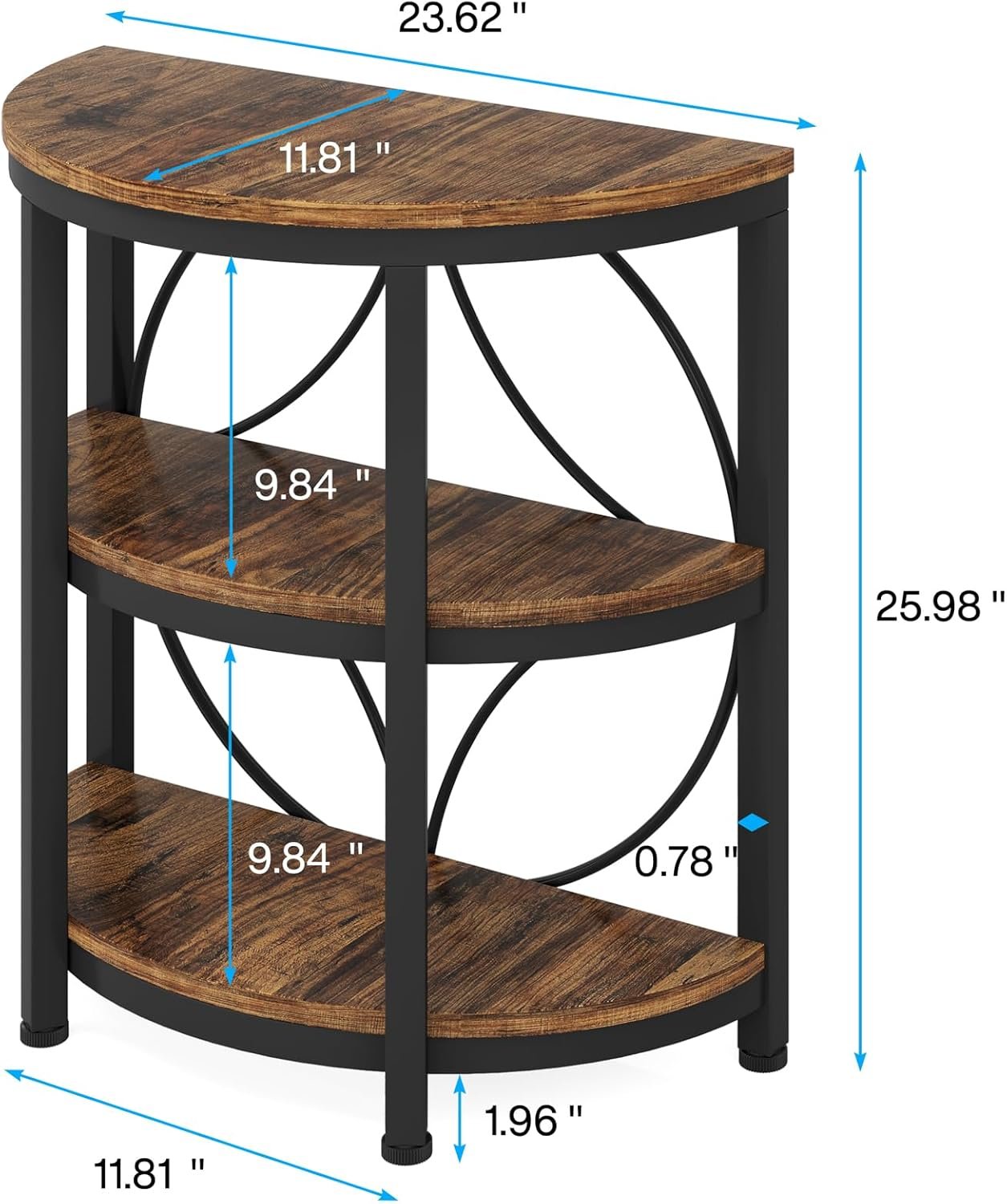Half-Round End Table, 3-Tier Narrow Side Table with Metal Frame