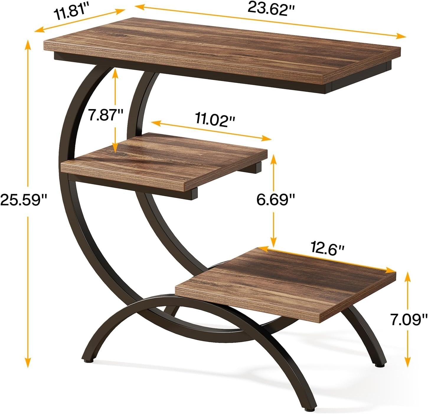 C-Shaped End Table, Industrial 3-Tier Side Table for Small Space
