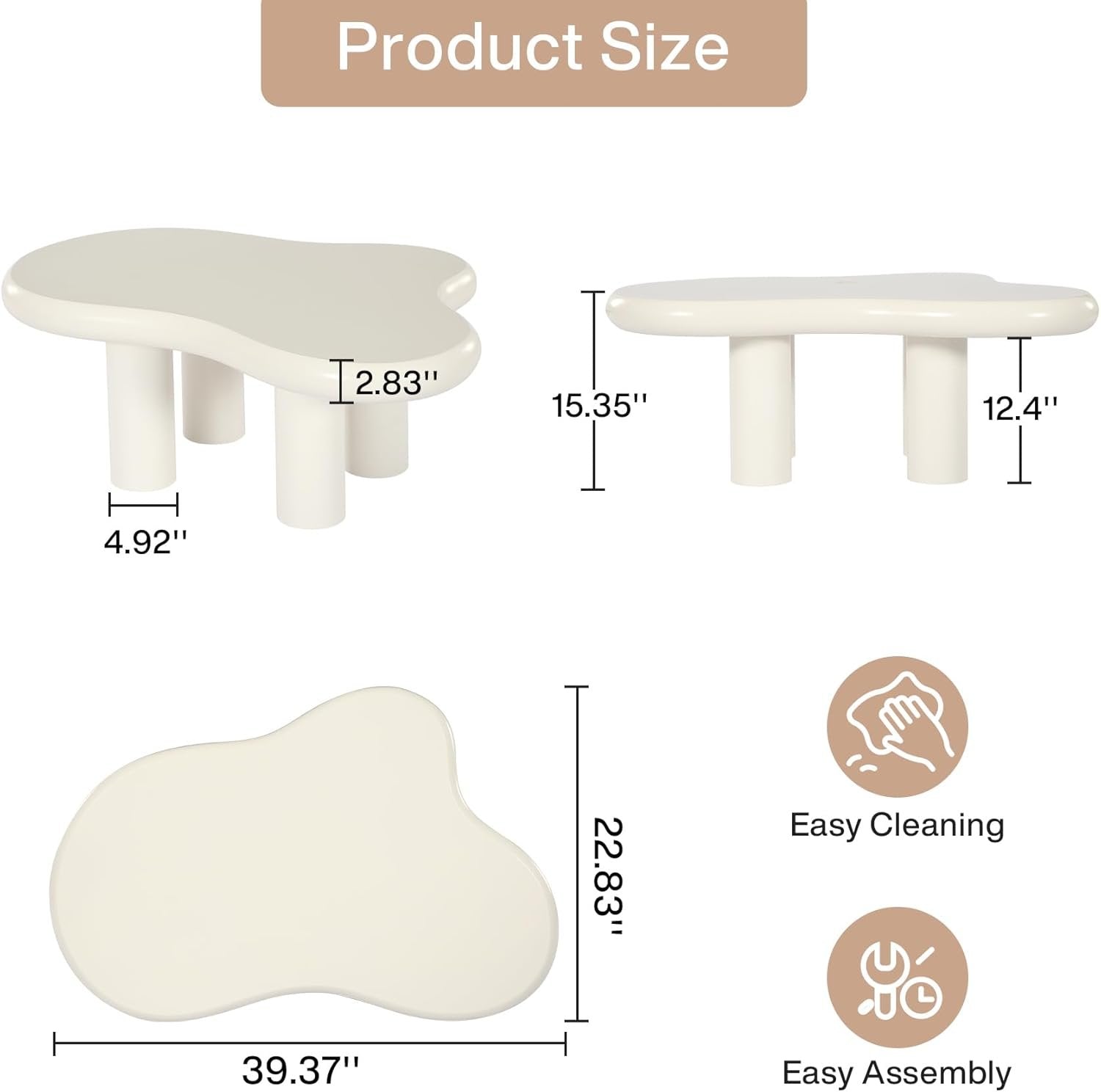 Cloud-Shaped Coffee Table, Modern Center Table with 4 Solid Legs