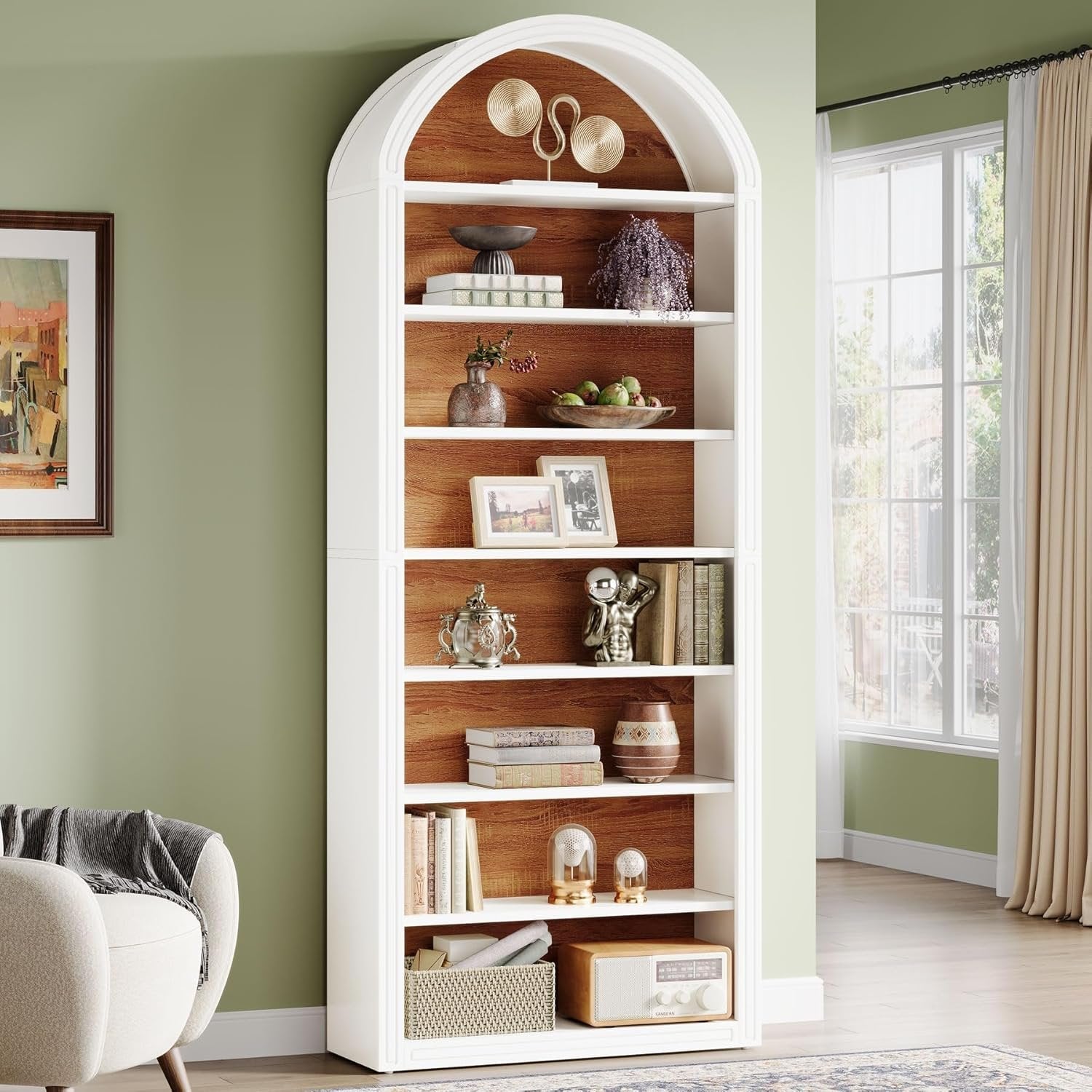 6-Tier / 8-Tier Bookshelf, Wooden Arched Bookcase Display Shelving Unit