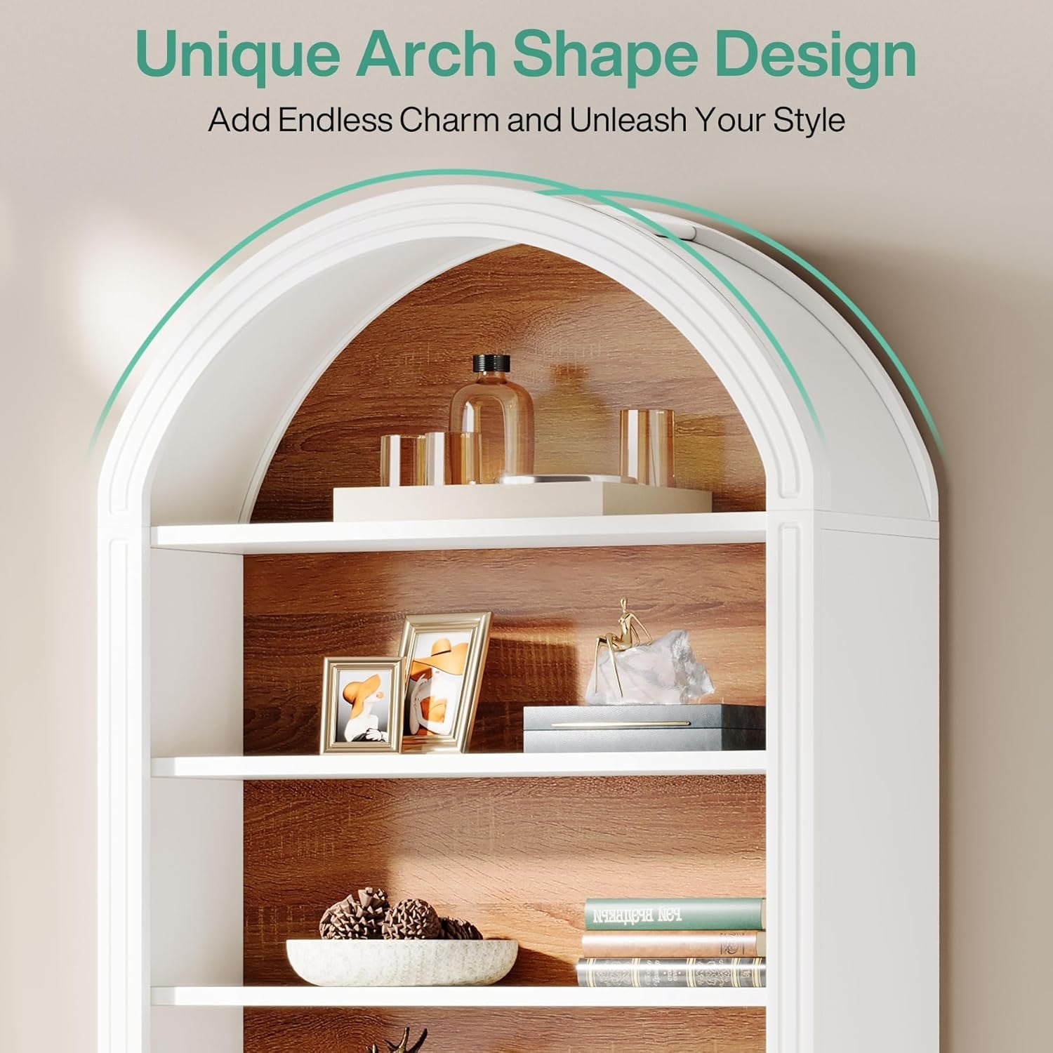 6-Tier / 8-Tier Bookshelf, Wooden Arched Bookcase Display Shelving Unit