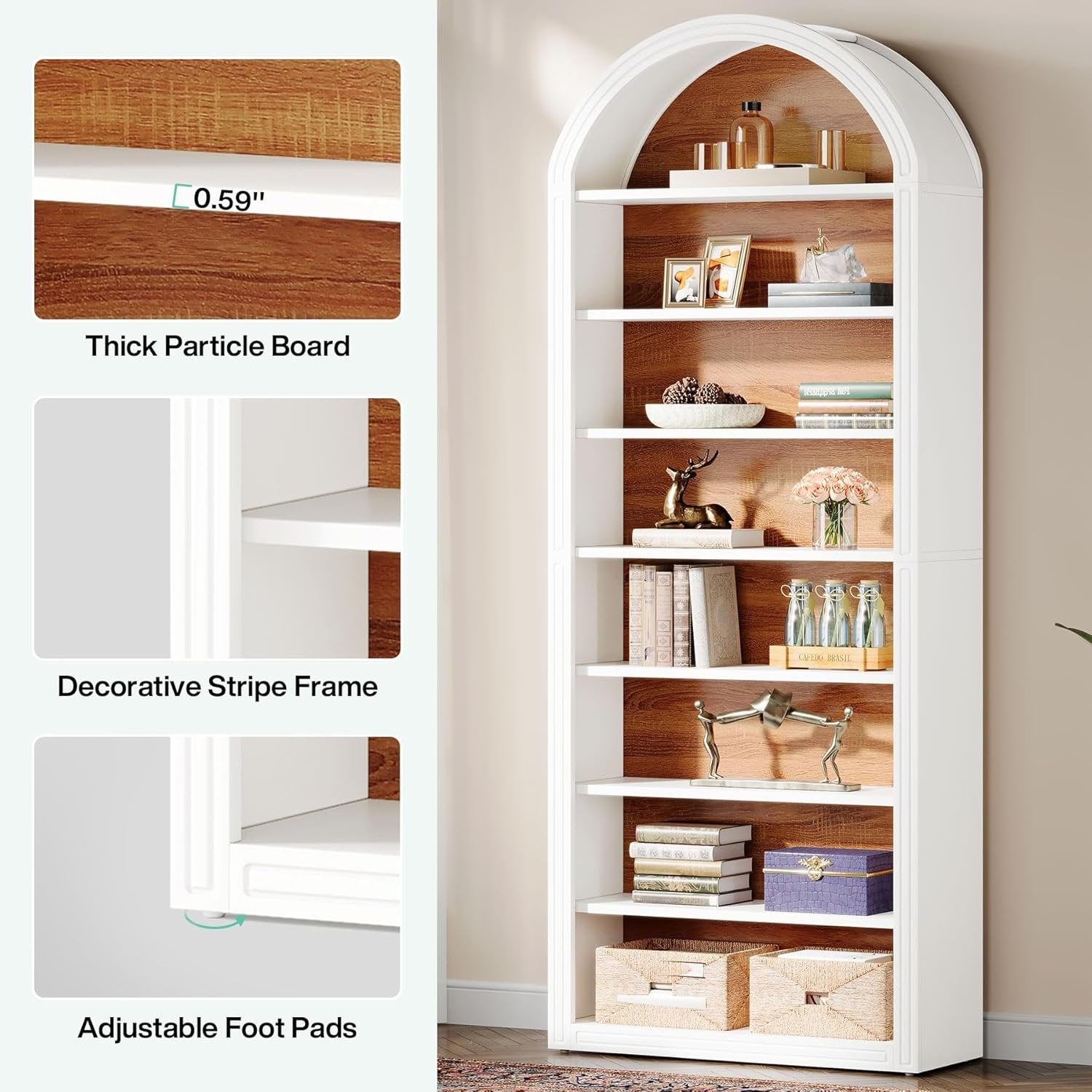 6-Tier / 8-Tier Bookshelf, Wooden Arched Bookcase Display Shelving Unit