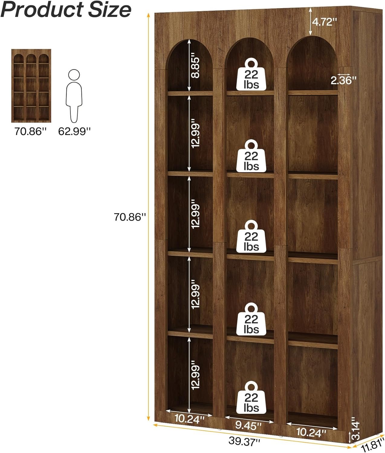 70.8" Wood Bookshelf, 5-Tier Rustic Bookcase Display Storage Shelving Unit