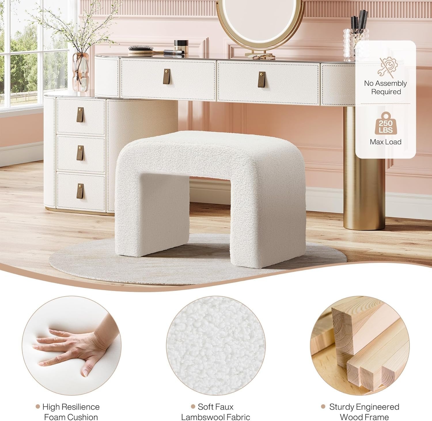 Modern Vanity Stool, Upholstered Ottoman Sofa Footrest for Entryway, Bedroom