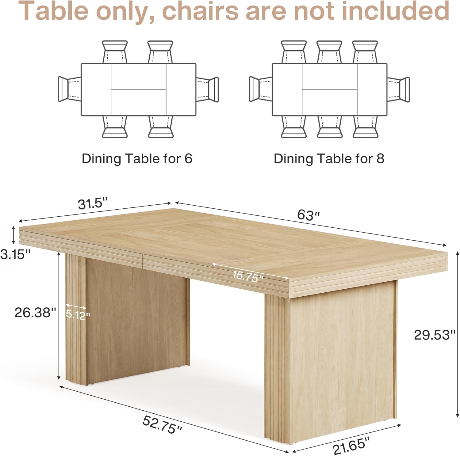 63" Dining Table for 6, Modern Kitchen Table with Fluted Line