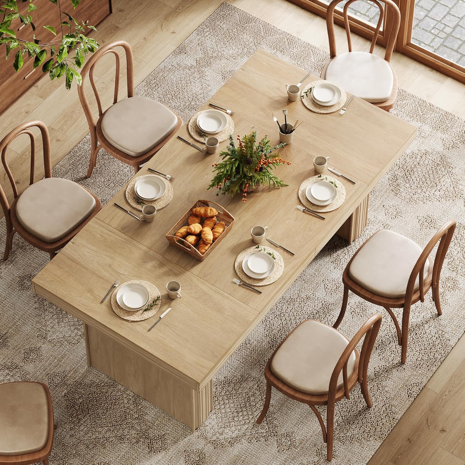 63" Dining Table for 6, Modern Kitchen Table with Fluted Line