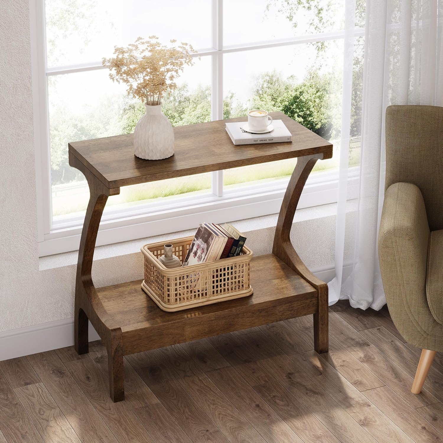 Solid Wood End Table, Narrow Side Table with 2-Tier Storage Shelf
