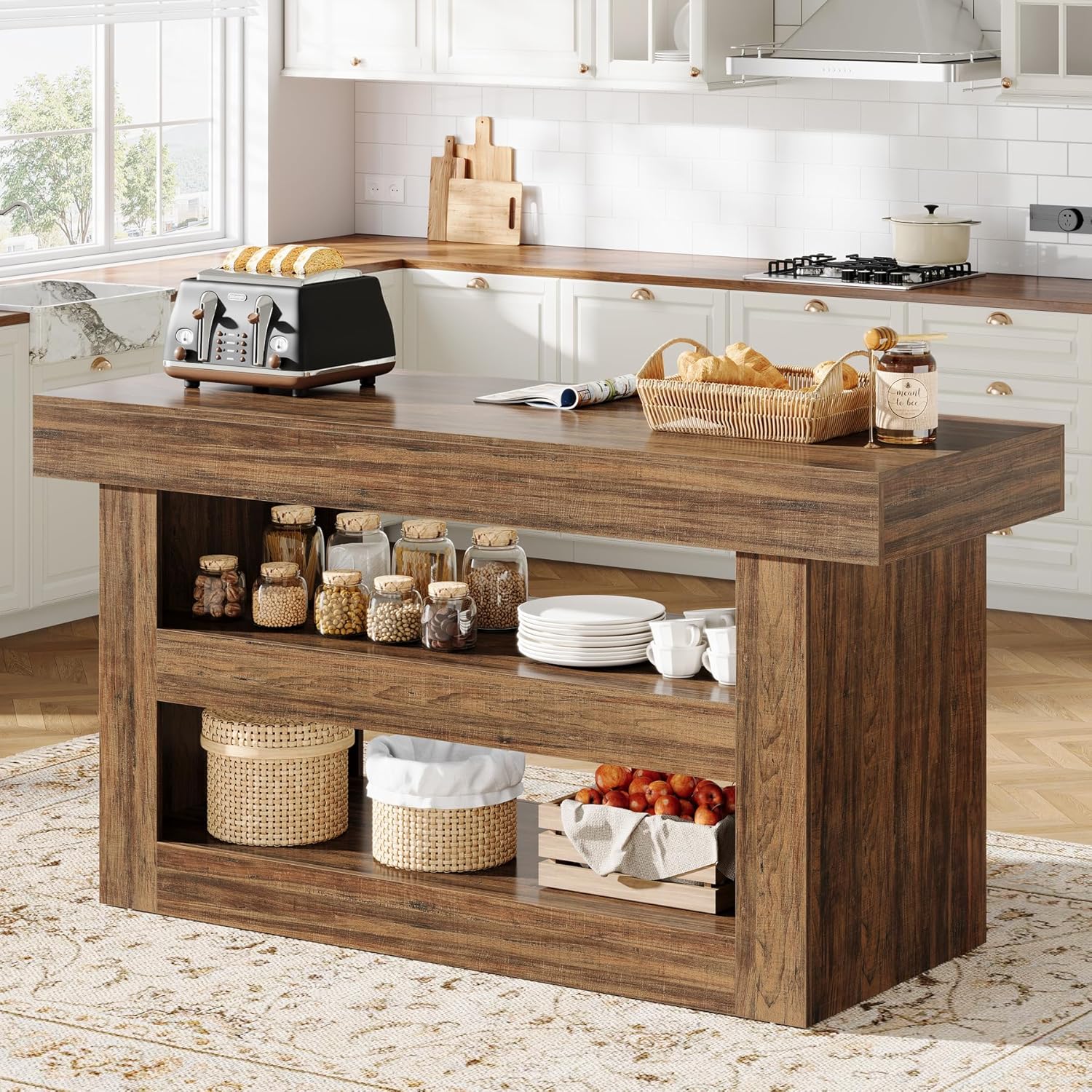 55" Kitchen Island, Farmhouse 3 - Tier Island Table with Large Countertop Tribesigns