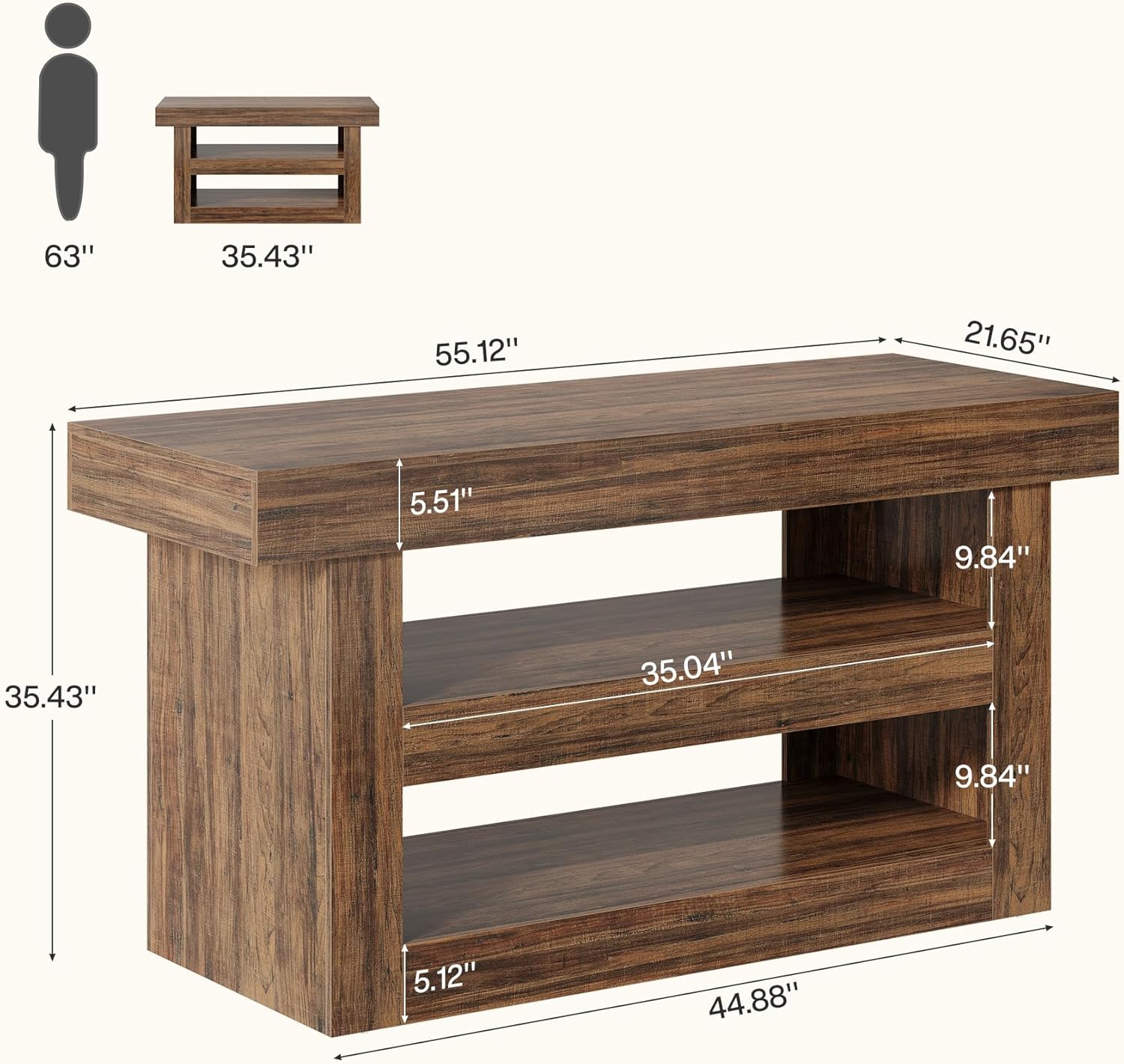 55" Kitchen Island, Farmhouse 3 - Tier Island Table with Large Countertop Tribesigns