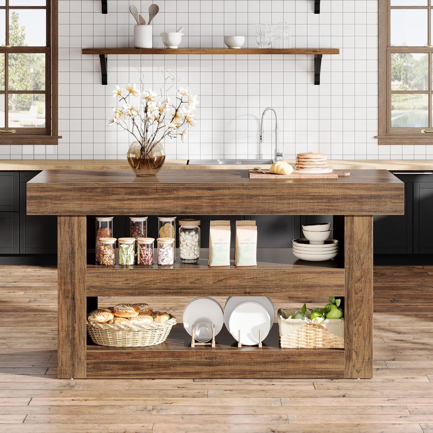 55" Kitchen Island, Farmhouse 3 - Tier Island Table with Large Countertop Tribesigns