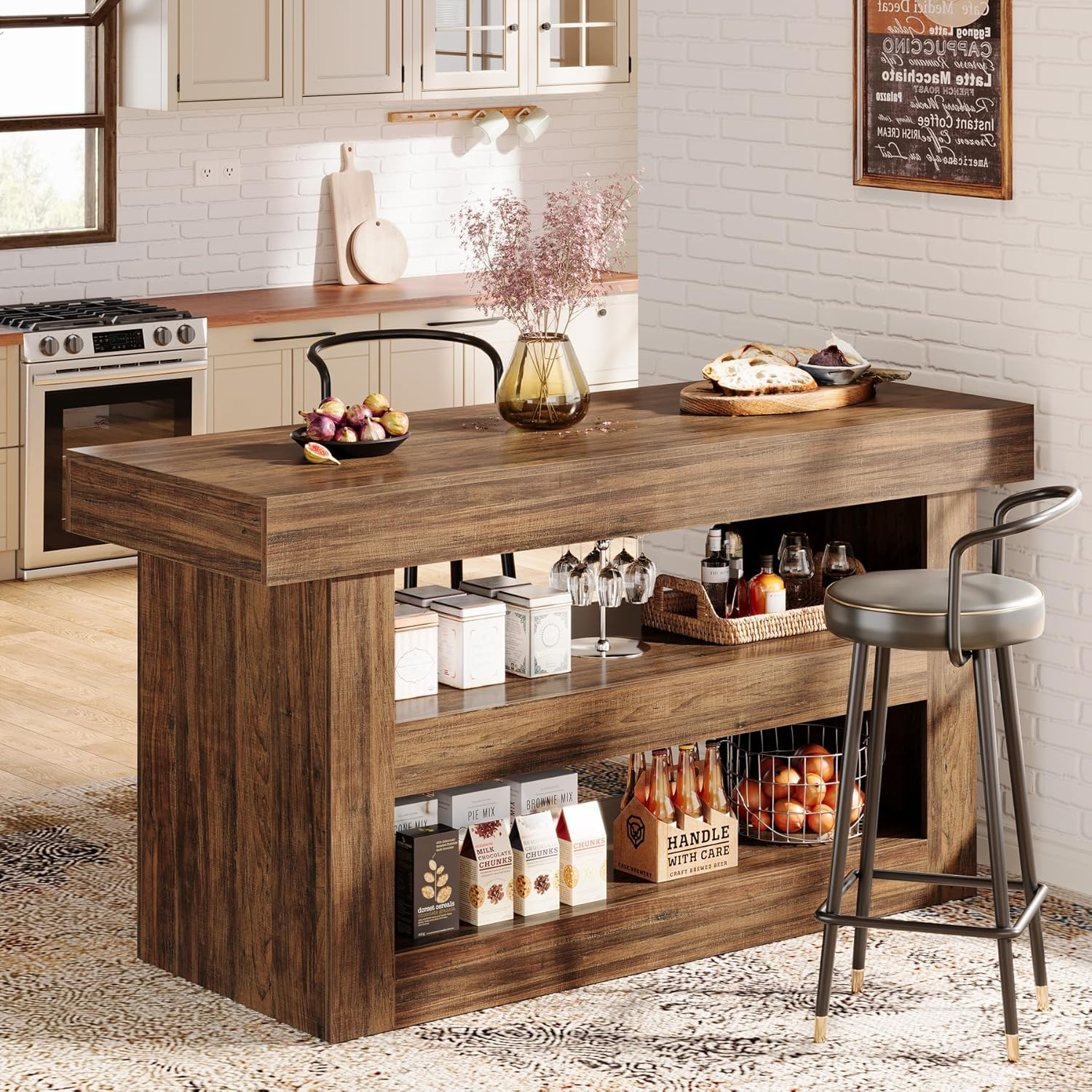 55" Kitchen Island, Farmhouse 3 - Tier Island Table with Large Countertop Tribesigns