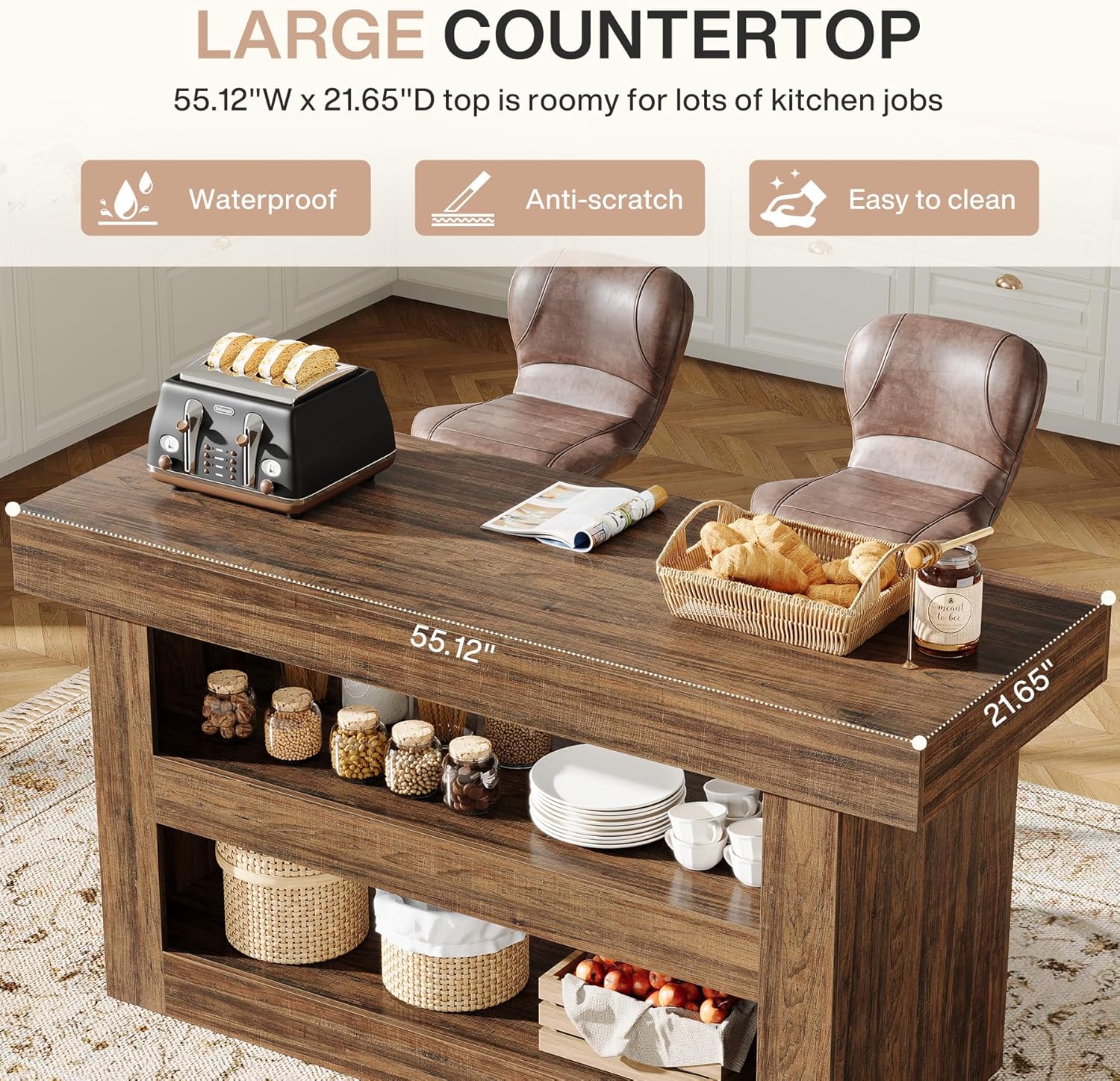 55" Kitchen Island, Farmhouse 3 - Tier Island Table with Large Countertop Tribesigns