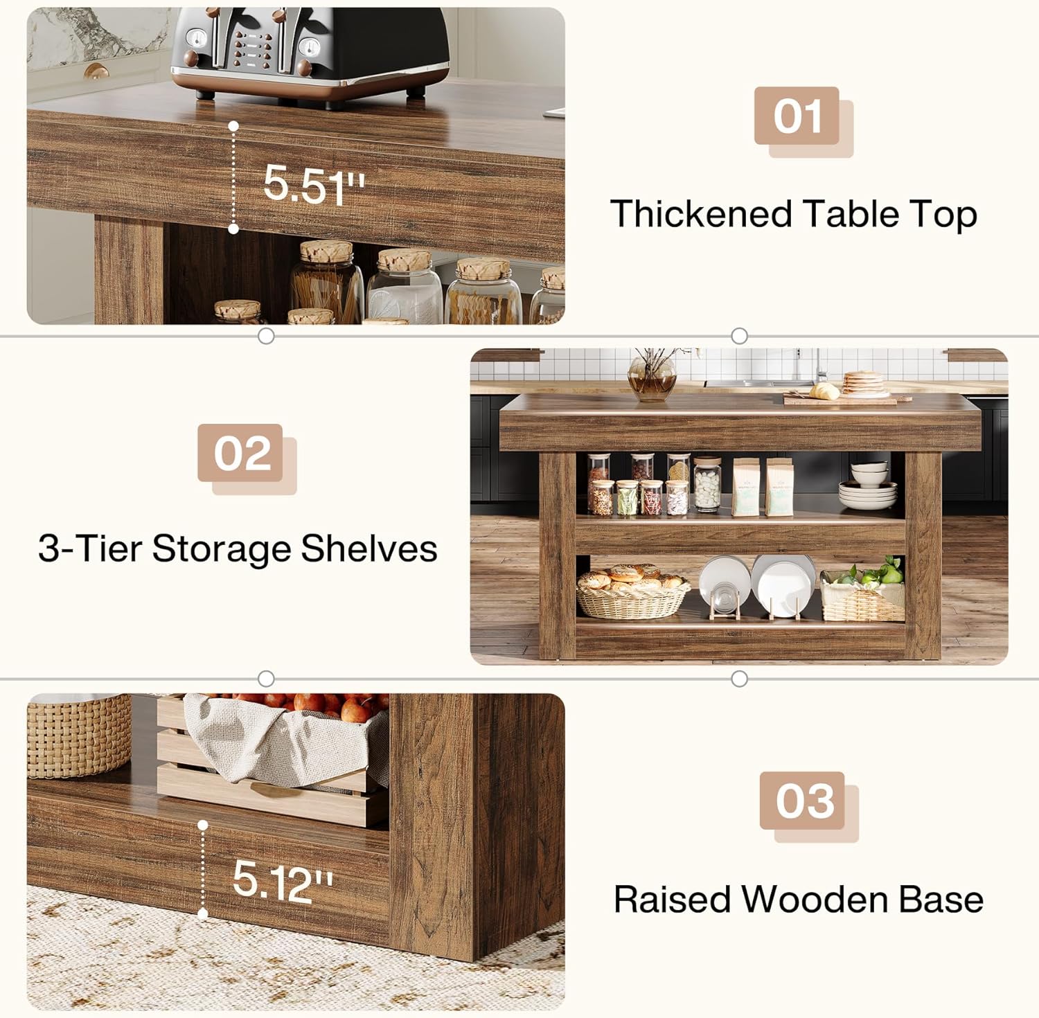 55" Kitchen Island, Farmhouse 3 - Tier Island Table with Large Countertop Tribesigns