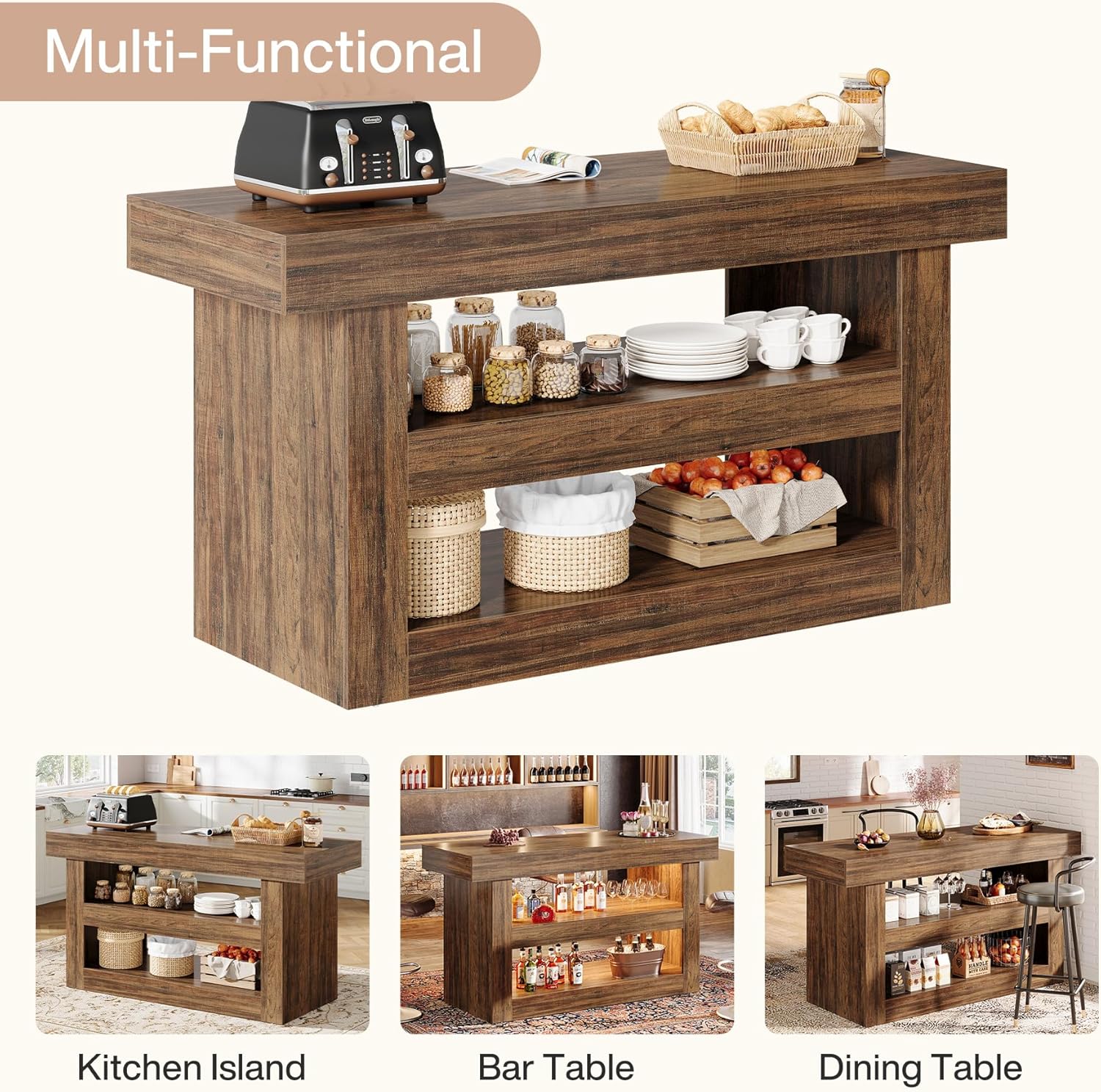 55" Kitchen Island, Farmhouse 3 - Tier Island Table with Large Countertop Tribesigns