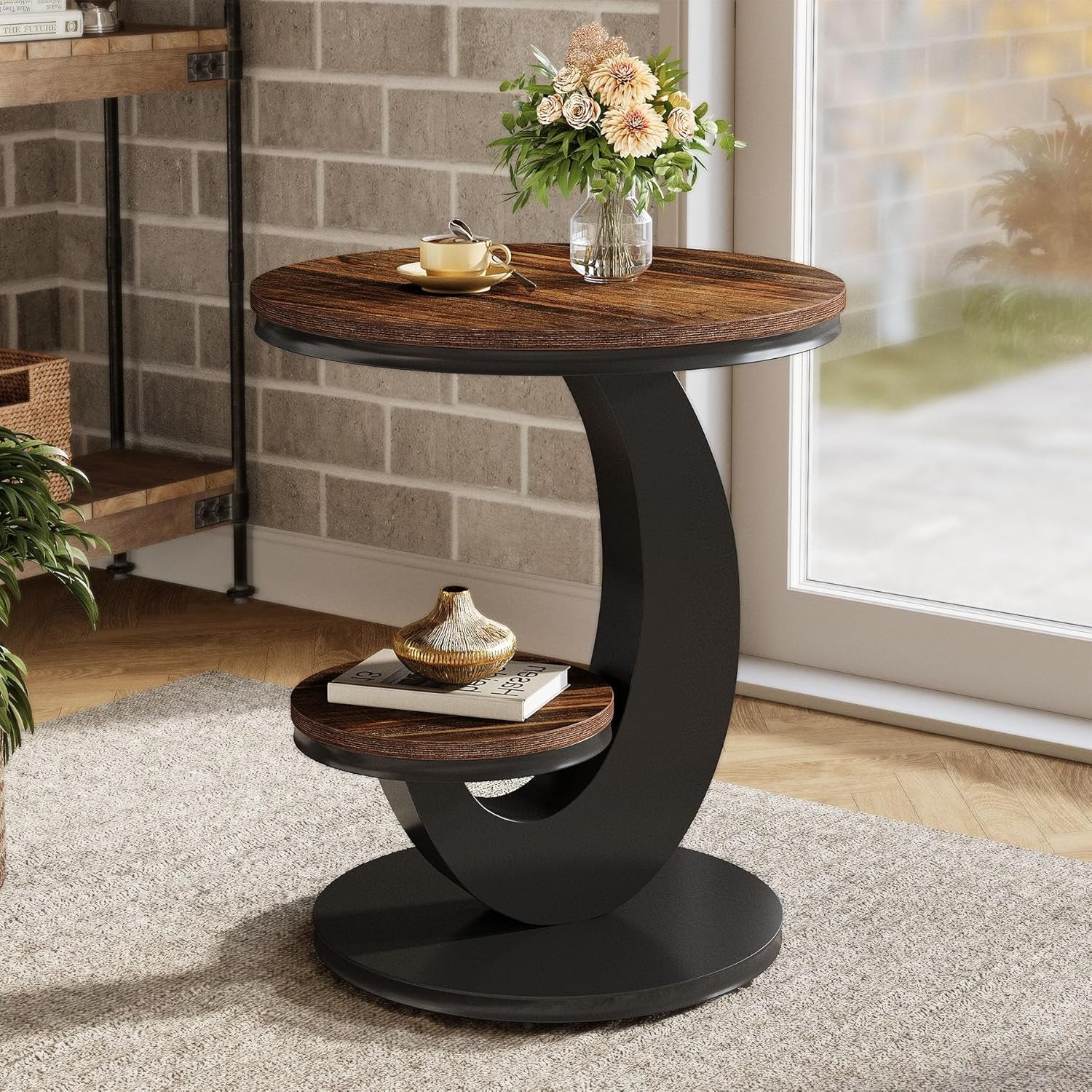 Round End Table, 2-Tier Side Table with Metal Arc-Shaped Frame