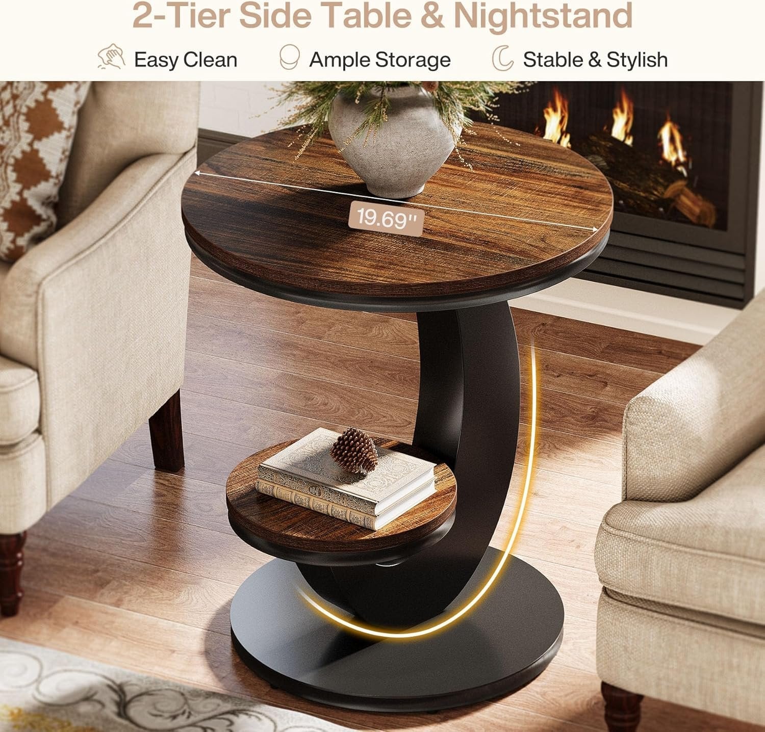 Round End Table, 2-Tier Side Table with Metal Arc-Shaped Frame