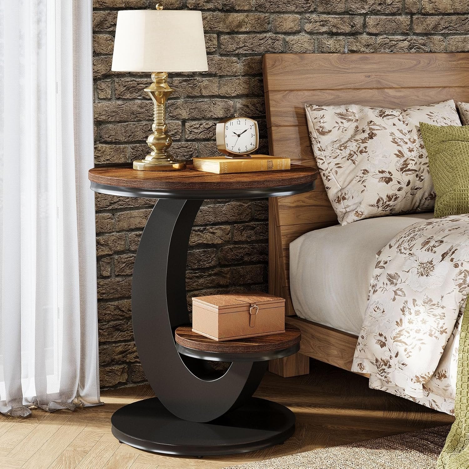 Round End Table, 2-Tier Side Table with Metal Arc-Shaped Frame