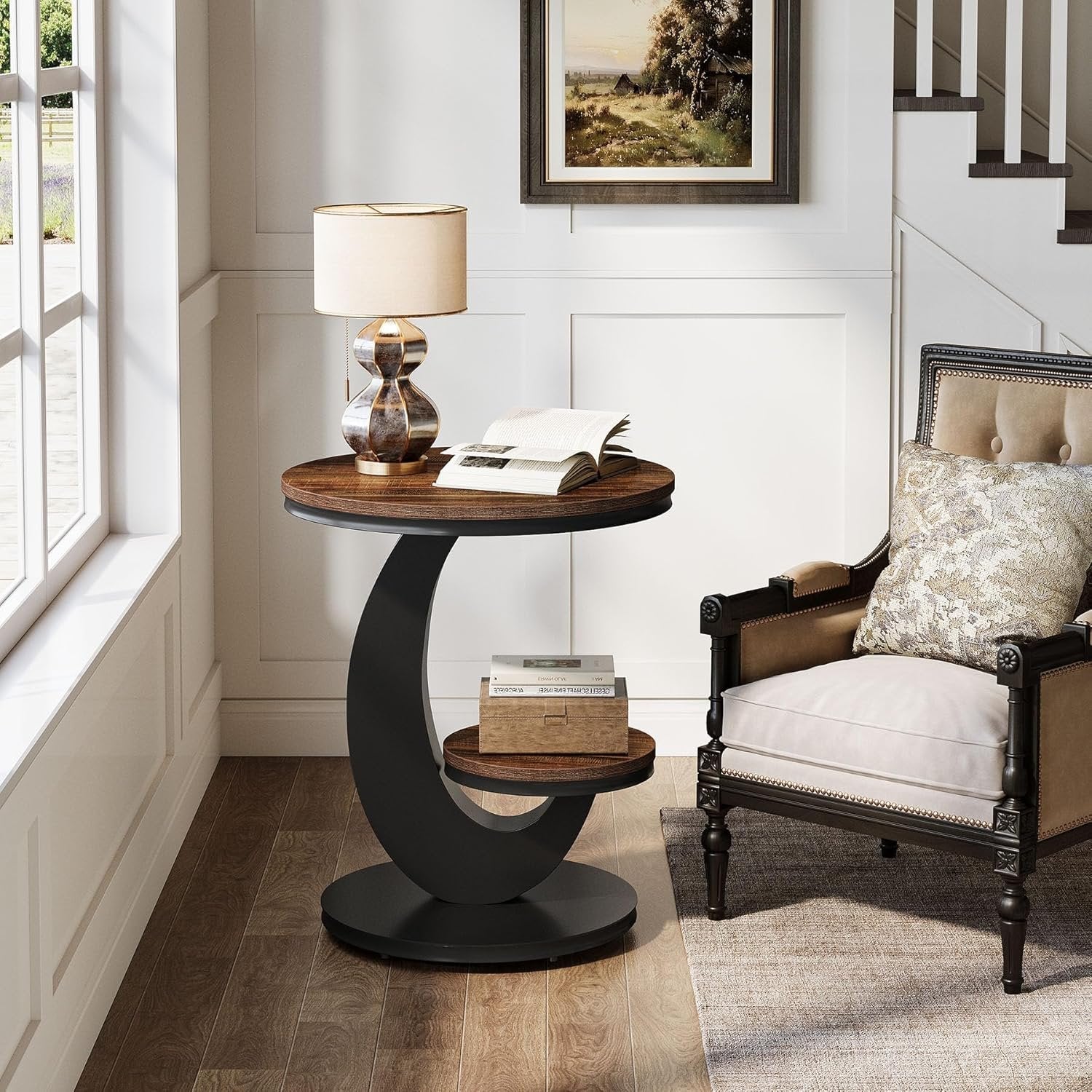 Round End Table, 2-Tier Side Table with Metal Arc-Shaped Frame
