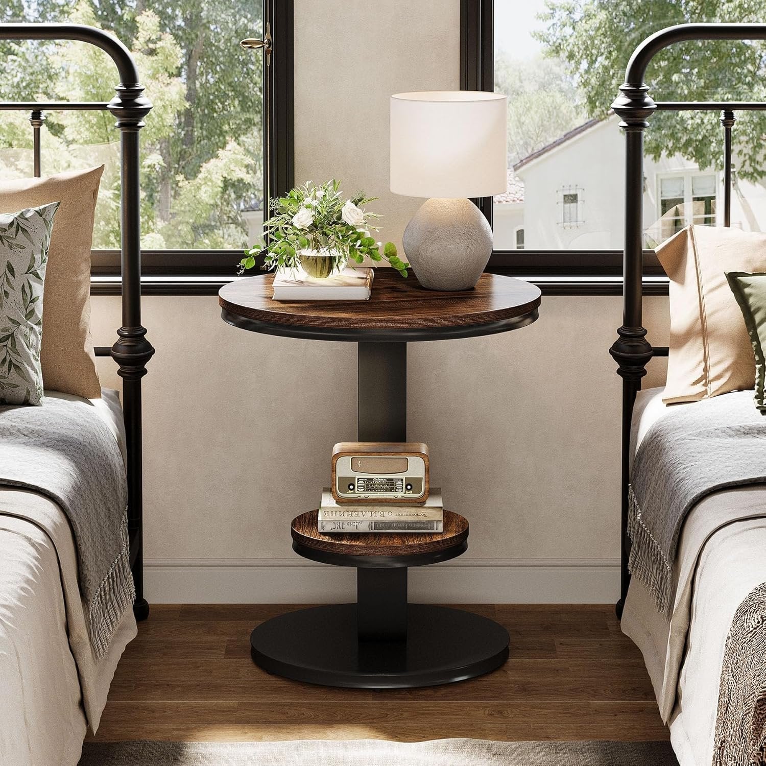 Round End Table, 2-Tier Side Table with Metal Arc-Shaped Frame