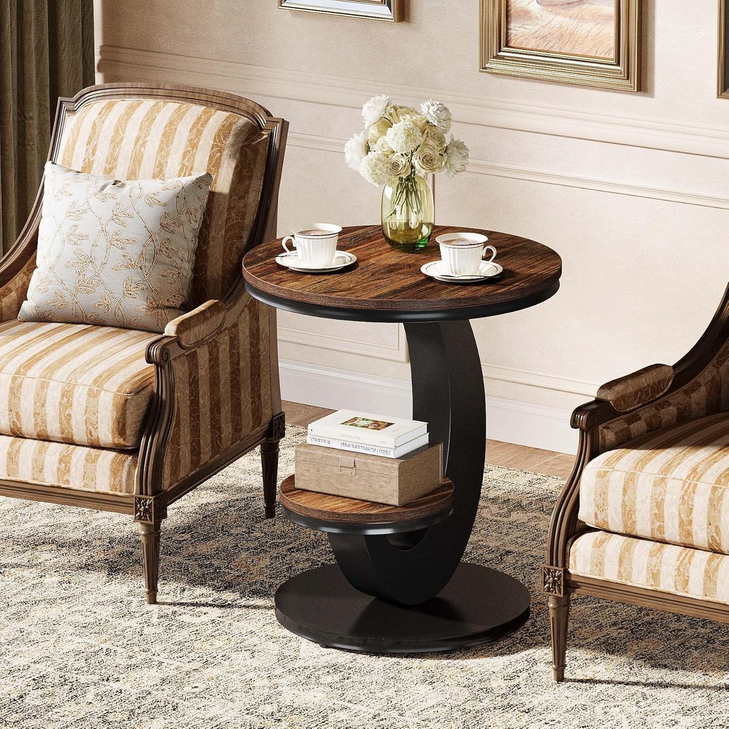 Round End Table, 2-Tier Side Table with Metal Arc-Shaped Frame