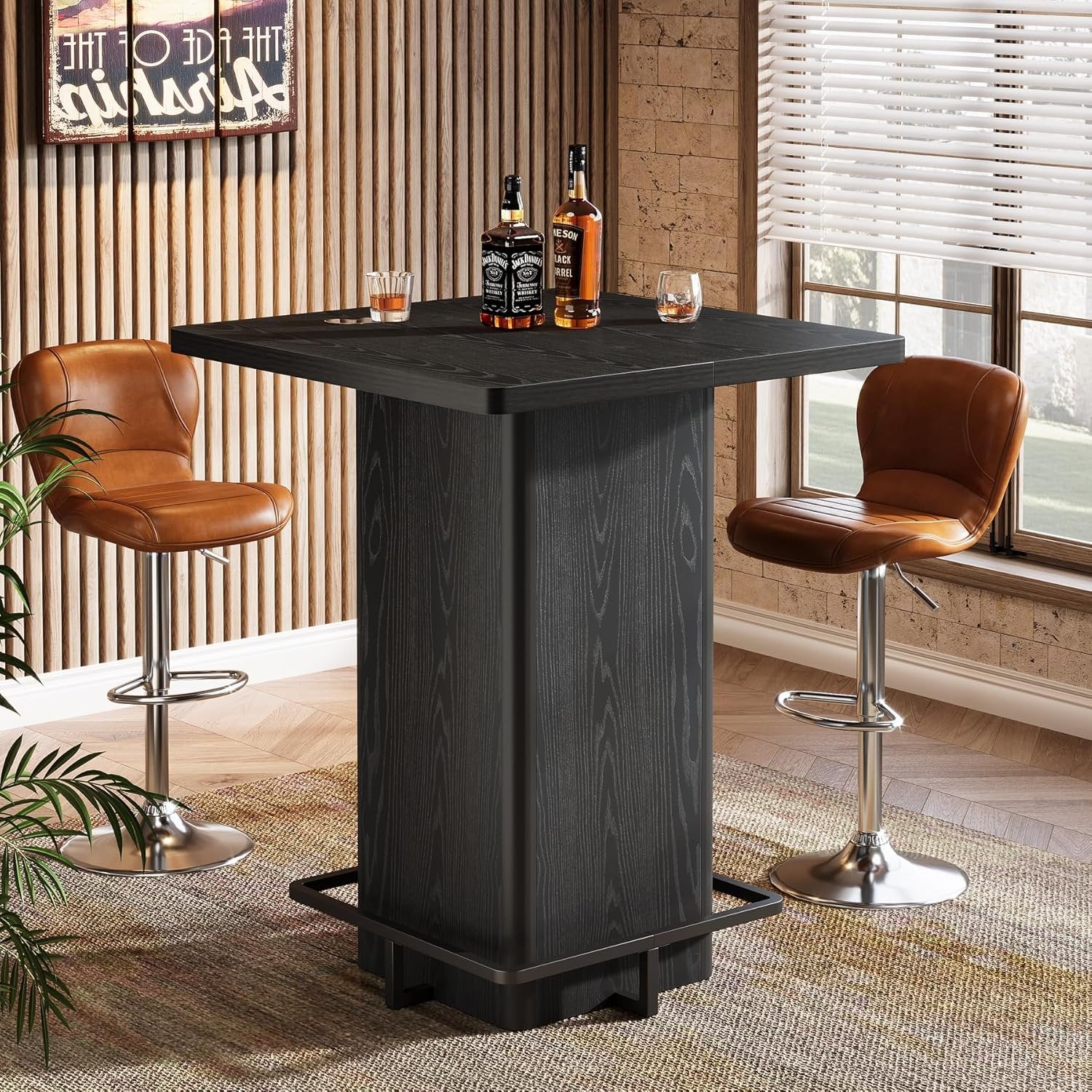 Square Bar Table, 39.37" Bistro Pub Table with Metal Frame Footrest