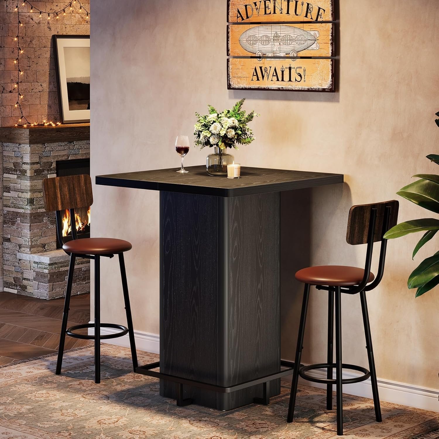 Square Bar Table, 39.37" Bistro Pub Table with Metal Frame Footrest