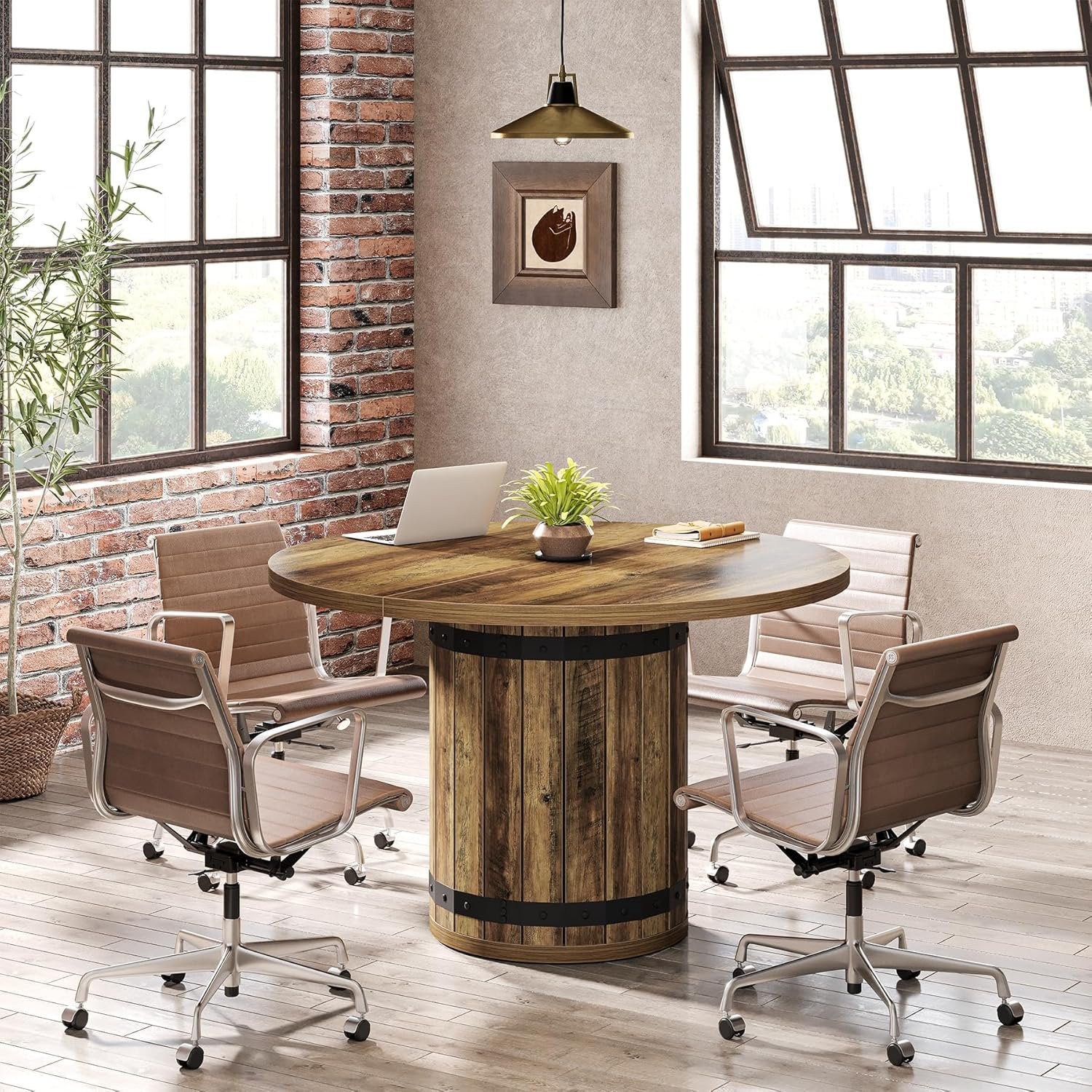39.37" Round Conference Table, Farmhouse Meeting Room Table for 4