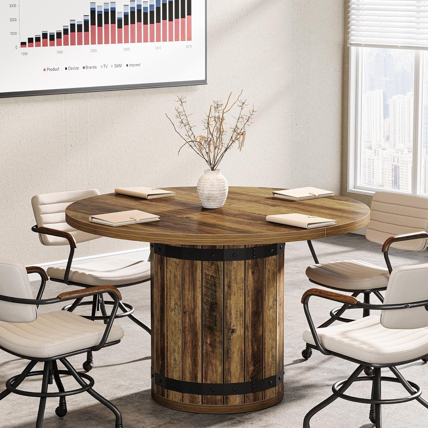 39.37" Round Conference Table, Farmhouse Meeting Room Table for 4