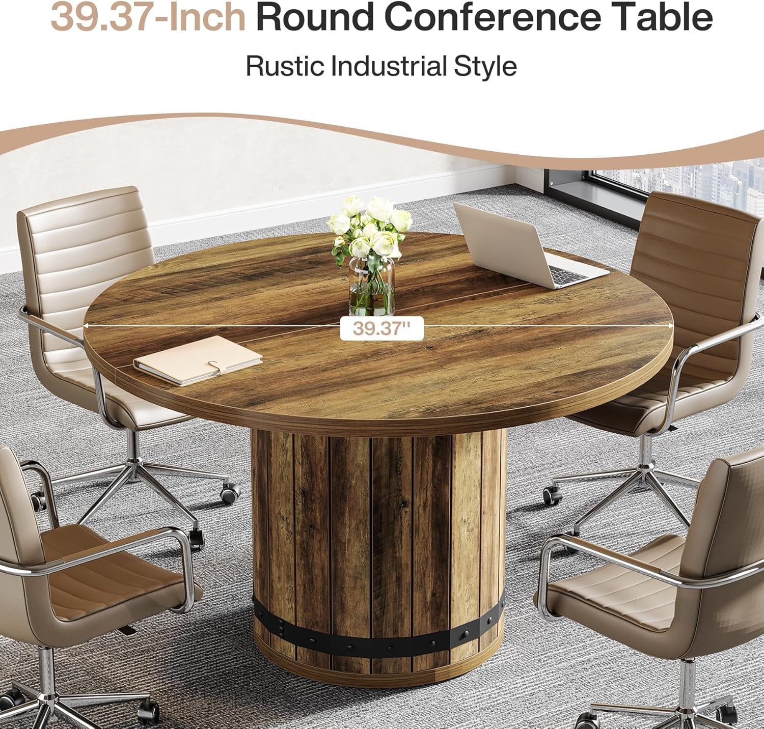 39.37" Round Conference Table, Farmhouse Meeting Room Table for 4