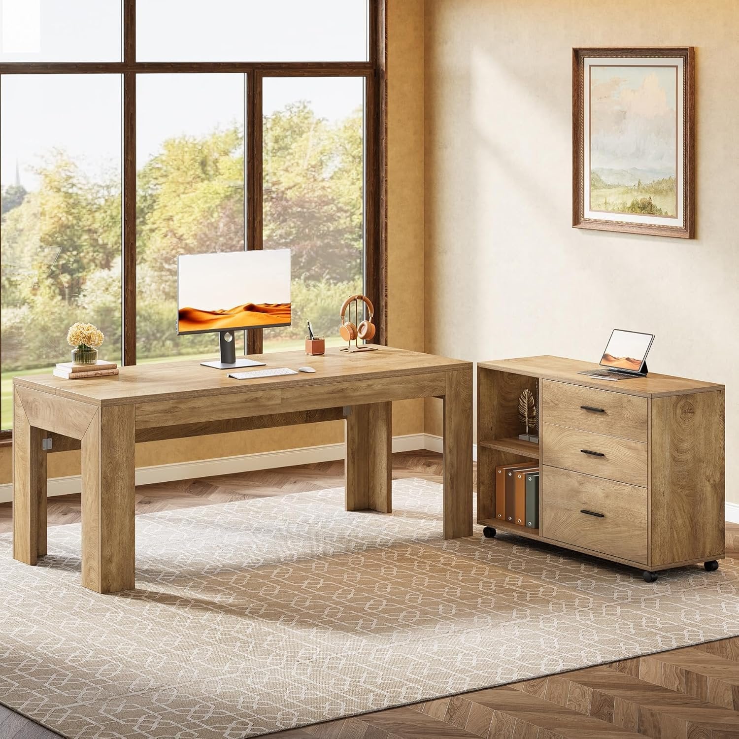 63" L Shaped Desk with Storage, Executive Office Desk with Mobile Lateral File Cabinet