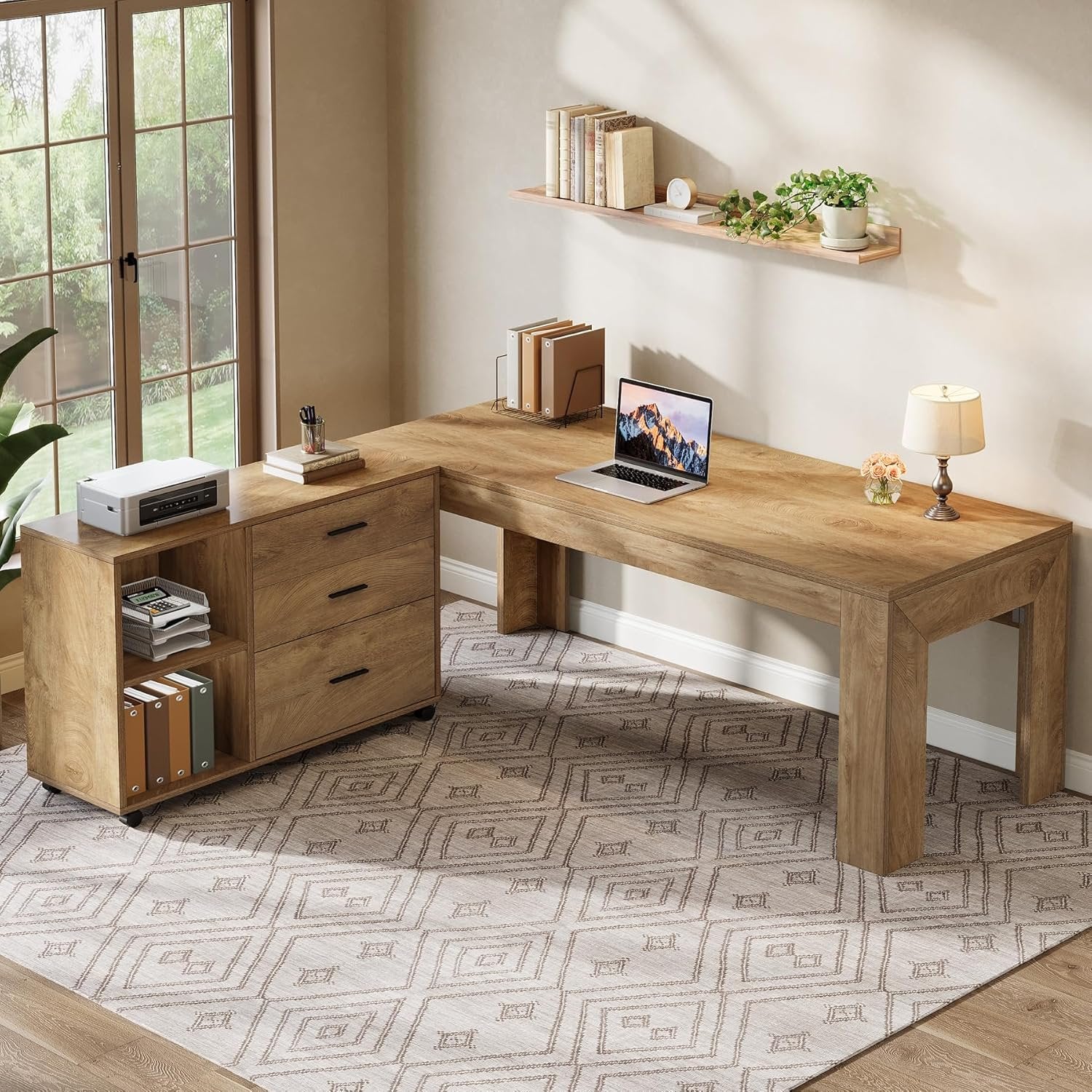 63" L Shaped Desk with Storage, Executive Office Desk with Mobile Lateral File Cabinet