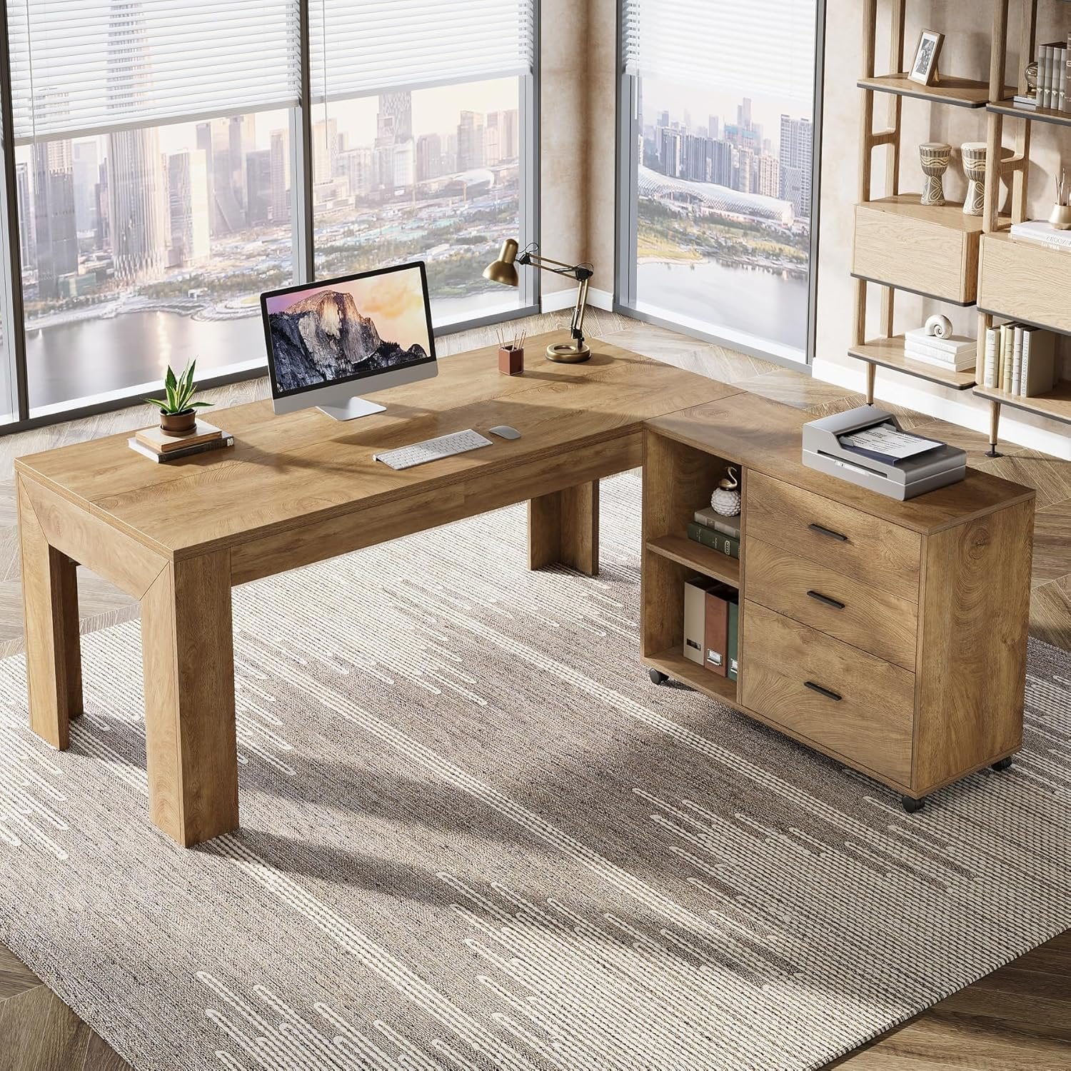 63" L Shaped Desk with Storage, Executive Office Desk with Mobile Lateral File Cabinet