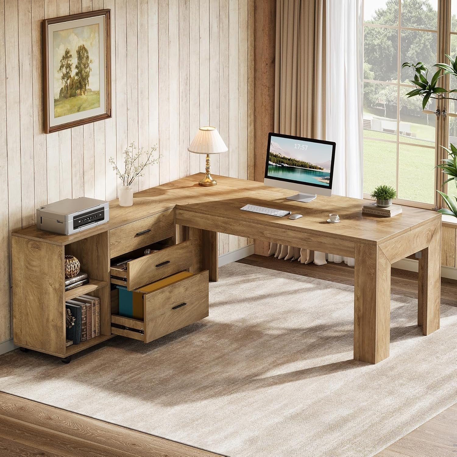 63" L Shaped Desk with Storage, Executive Office Desk with Mobile Lateral File Cabinet
