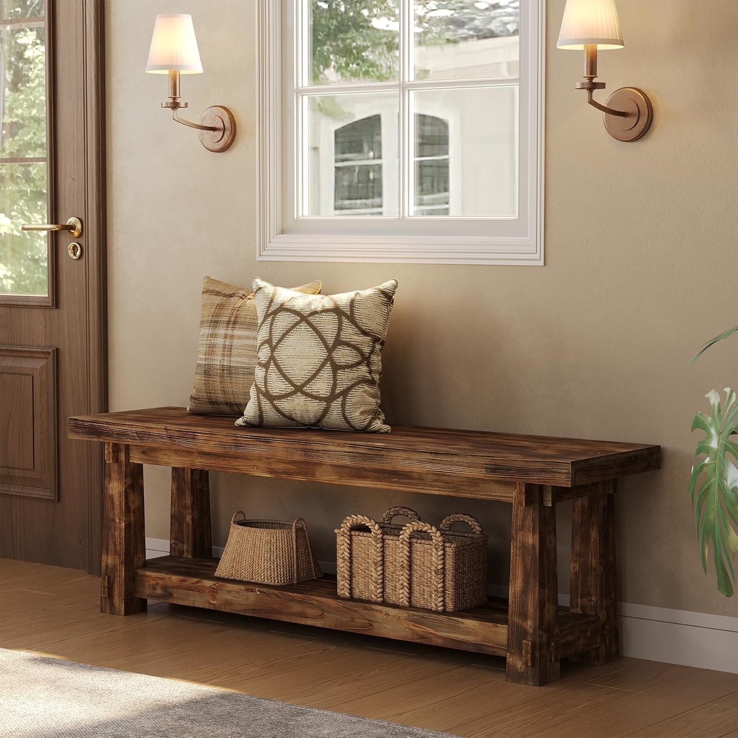 Solid Wood Entryway Bench, 55" Shoe Bench with Open Shelf for Hallway