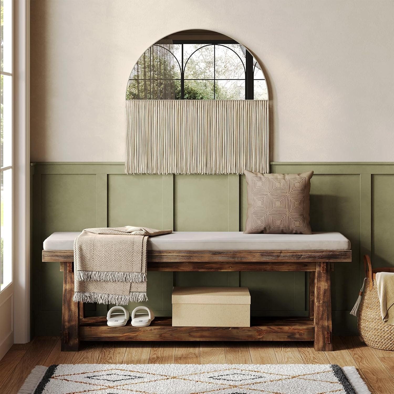 Solid Wood Entryway Bench, 55" Shoe Bench with Open Shelf for Hallway