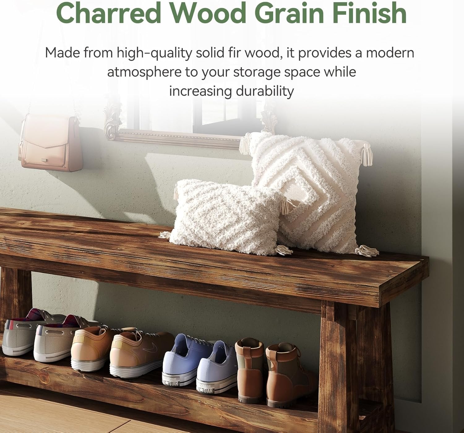 Solid Wood Entryway Bench, 55" Shoe Bench with Open Shelf for Hallway