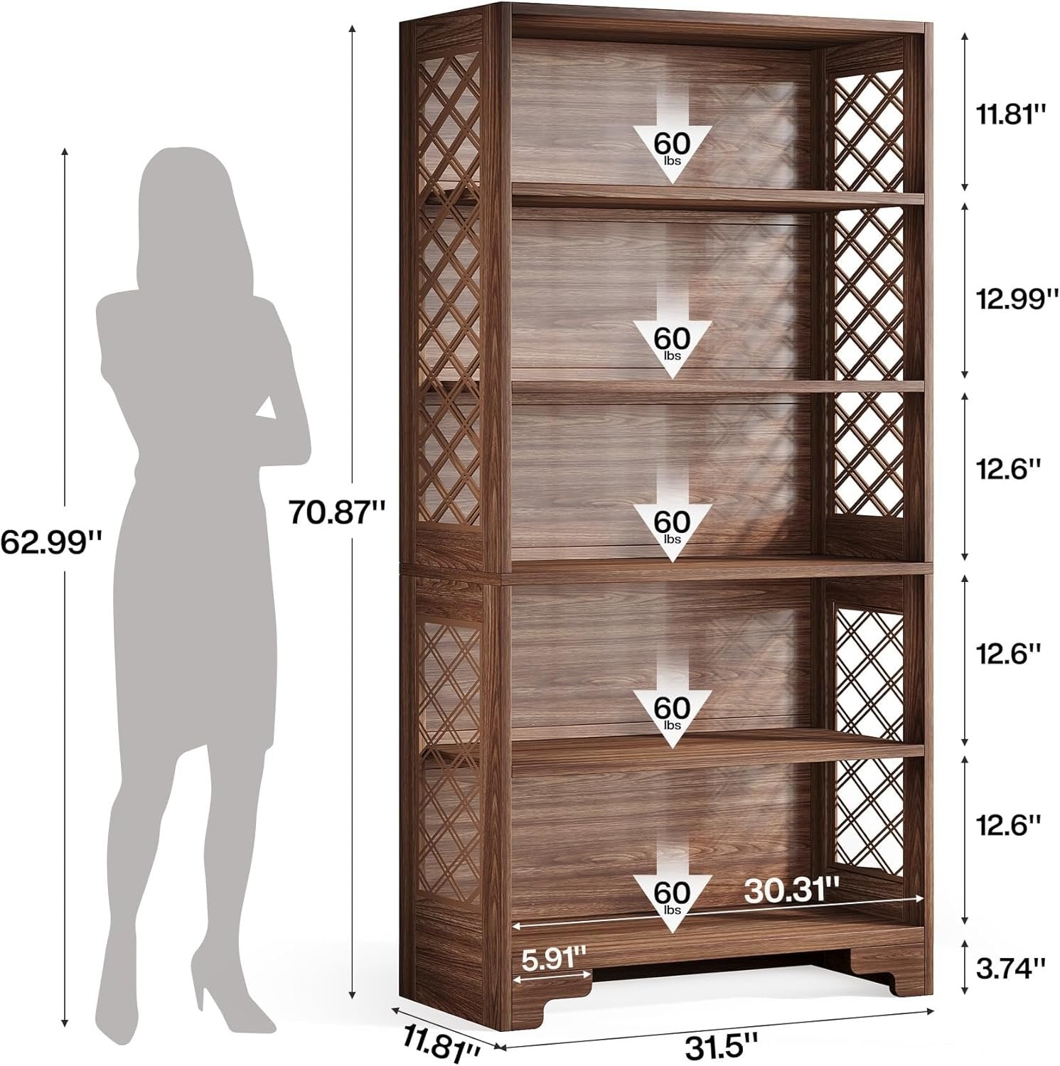 70.8" Freestanding Bookshelf, 6-Tier Bookcase Display Rack Storage Shelves