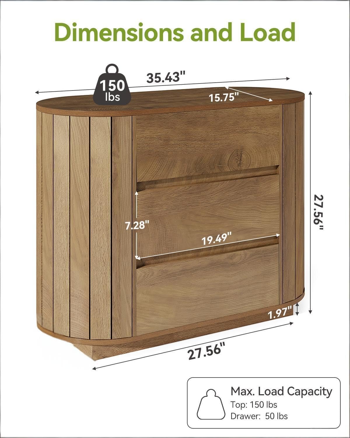 Oversized Nightstand, 35" Wide Dresser Bedwide Table with with 3 Drawers