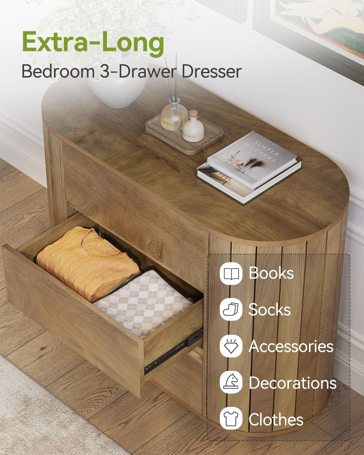 Oversized Nightstand, 35" Wide Dresser Bedwide Table with with 3 Drawers